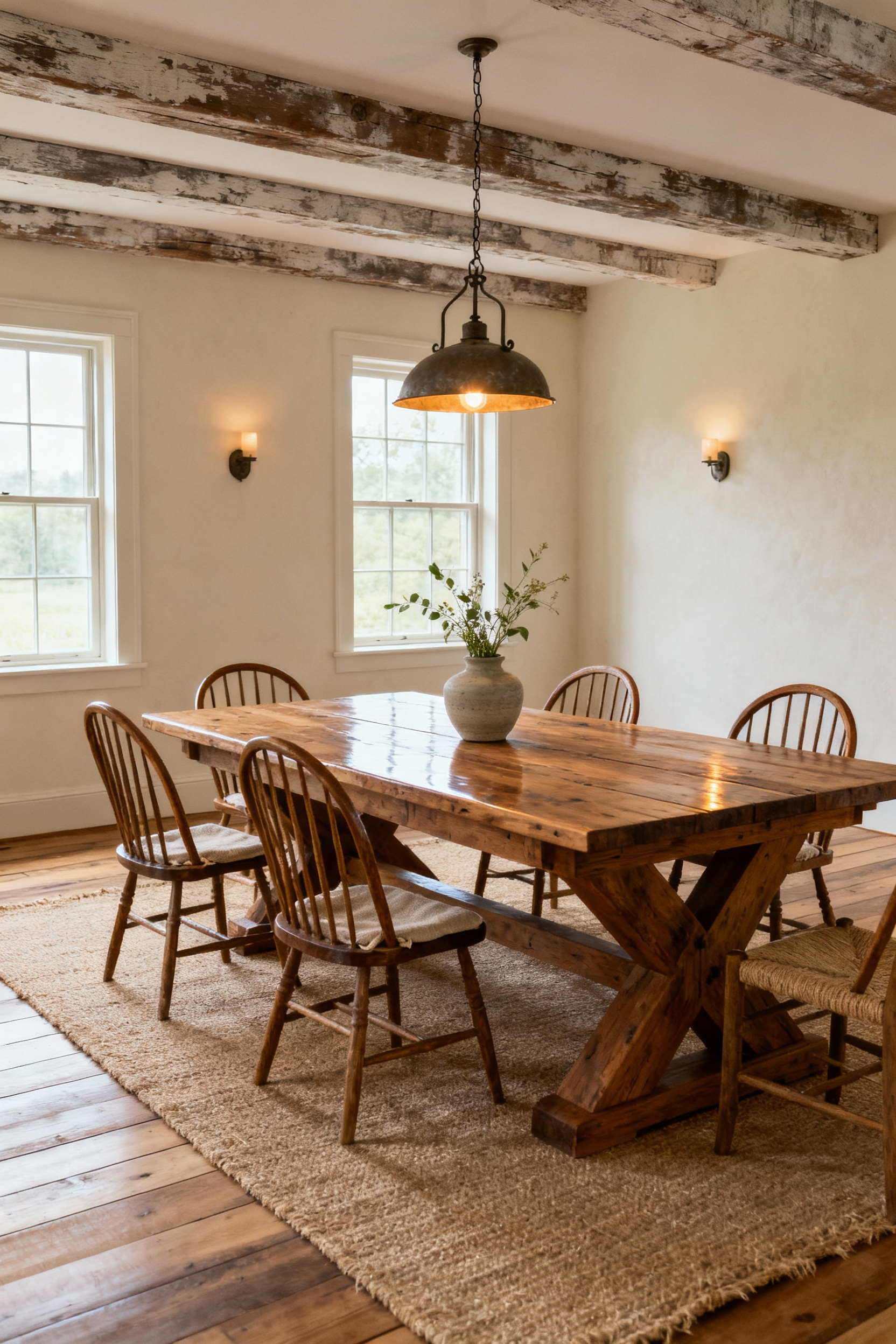 A rustic yet elegant farmhouse dining room featuring a reclaimed wood trestle table, Windsor chairs with linen cushions, a metal pendant light, and warm natural textures, embodying unfussy functionality and inherent warmth.