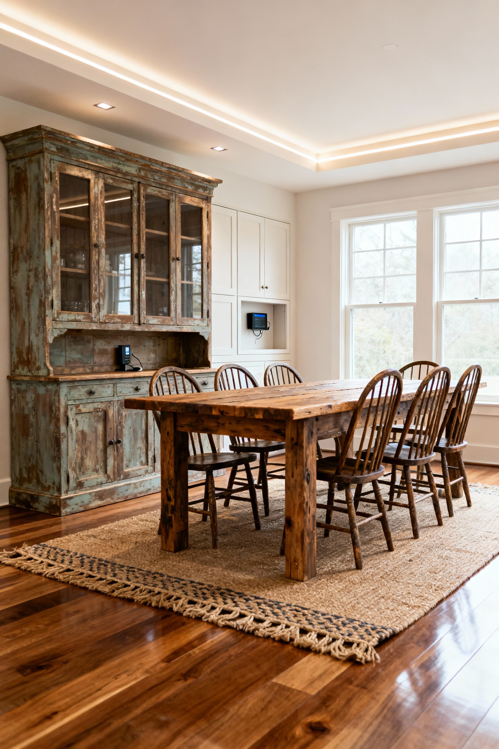 A charming farmhouse dining room featuring a reclaimed wood table and antique chairs, with modern LED strip lighting recessed into the ceiling and a concealed charging station integrated into custom millwork, showcasing seamless integration of modern conveniences while preserving authentic farmhouse style.