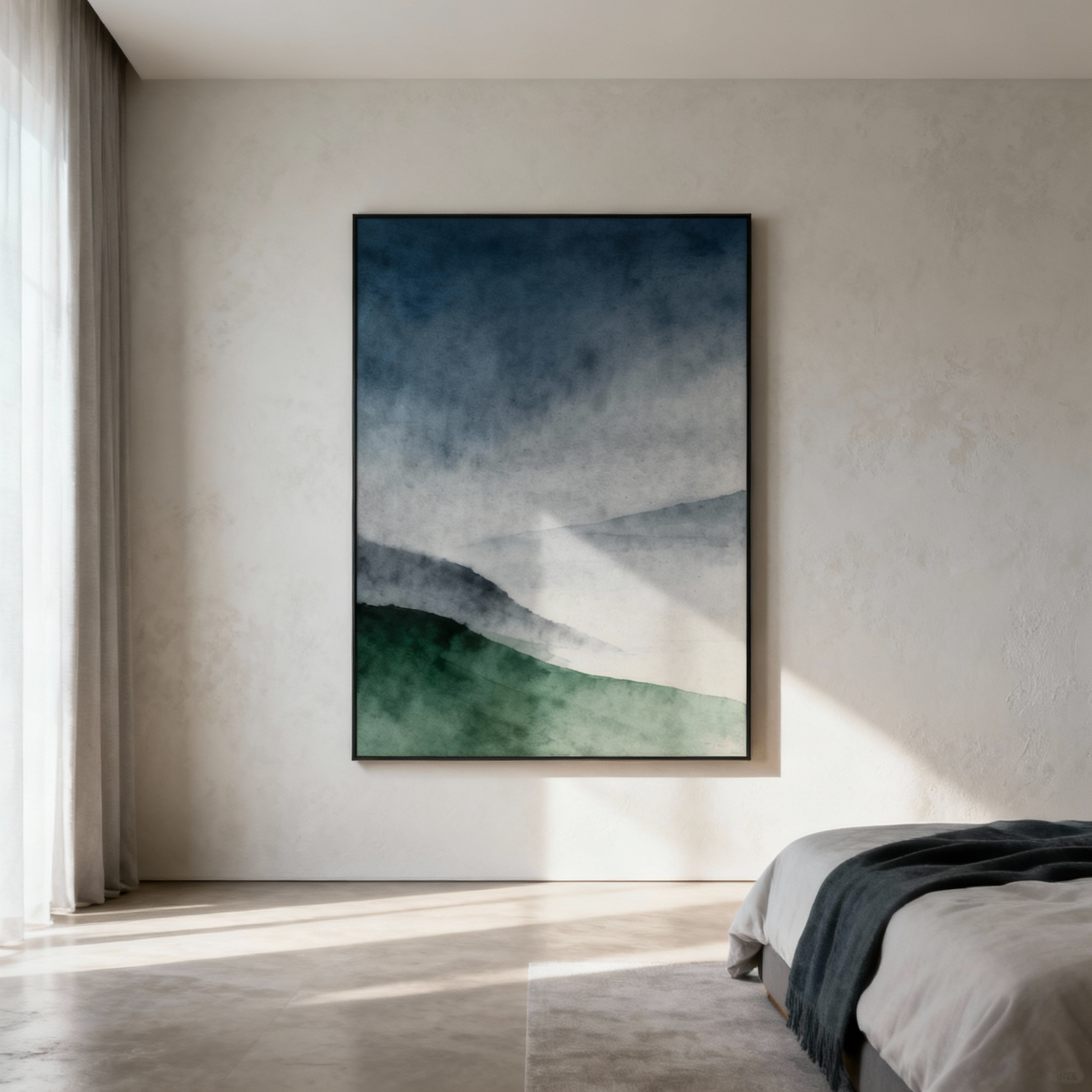 Abstract art print in a minimalist bedroom, featuring psychospiritual color palettes of muted blues, greens, and greys for tranquility and serenity.