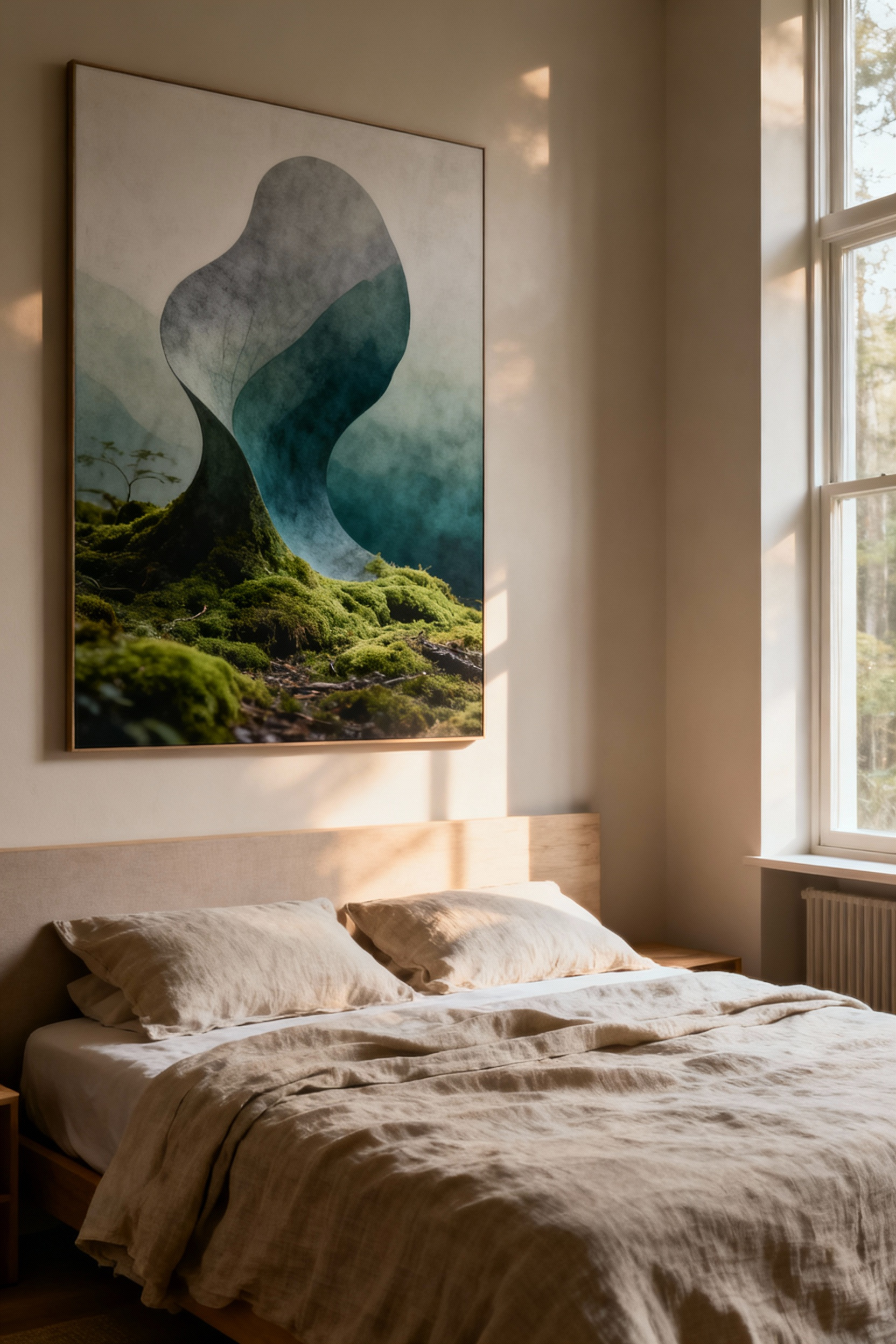 Serene bedroom with minimalist biophilic design. A large abstract art print featuring organic textures and natural colors hangs above a bed with linen sheets, bathed in soft morning light, promoting restful sleep.