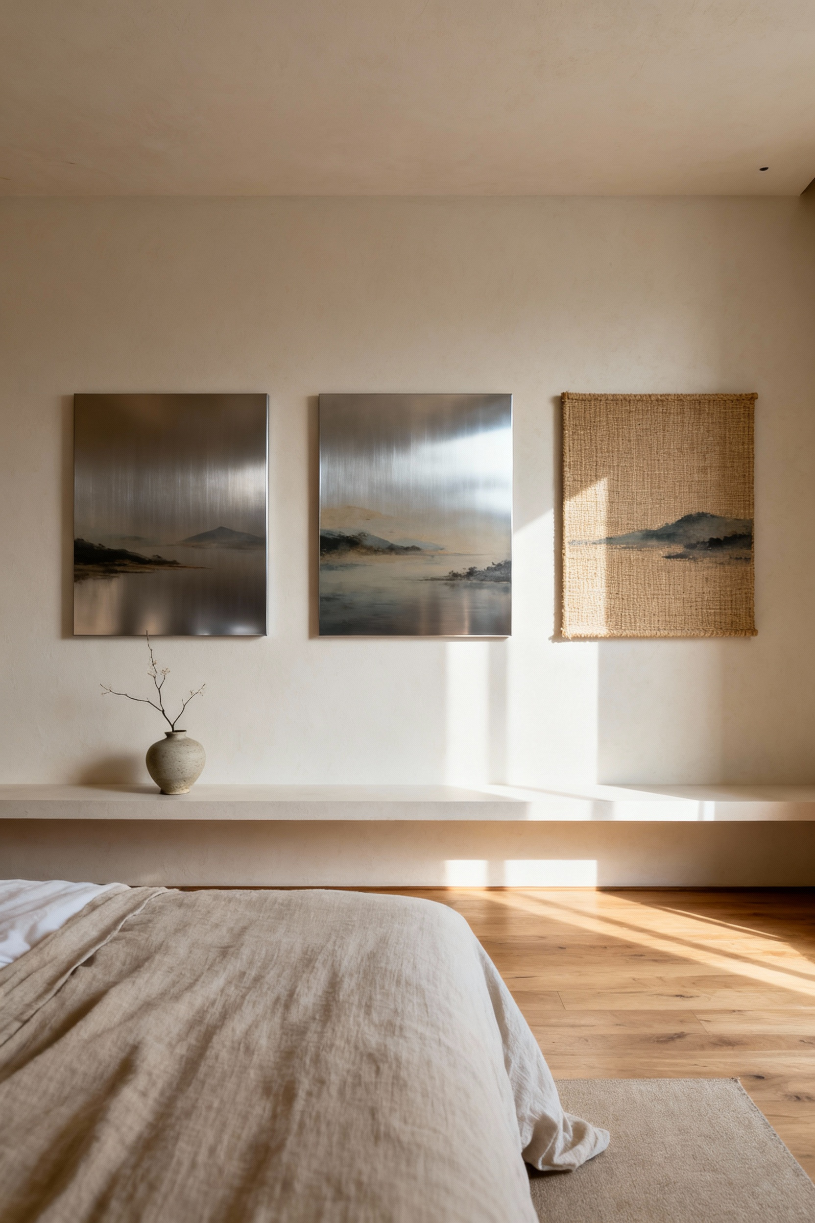 Serene bedroom showcasing diverse art prints on metal, acrylic, and canvas mediums, with natural light accentuating their unique textures and reflectivity, contributing to an Asian-European fusion aesthetic.