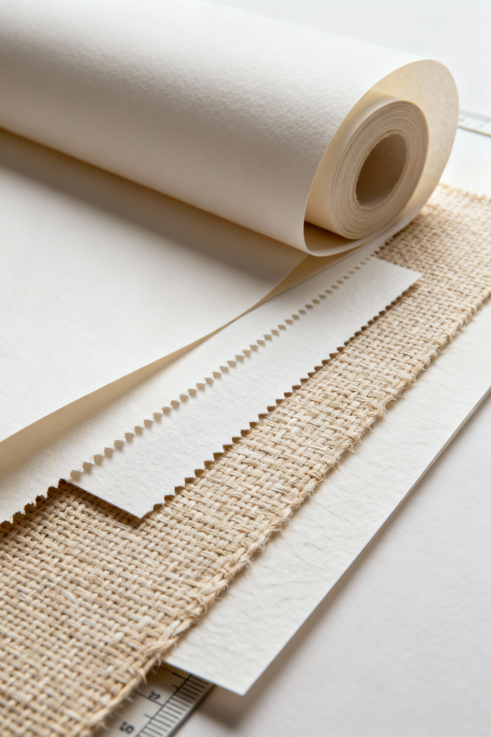 Close-up of various fine art paper textures under soft light, illustrating the tactile qualities for bedroom art print selection and enhancing sensory depth.