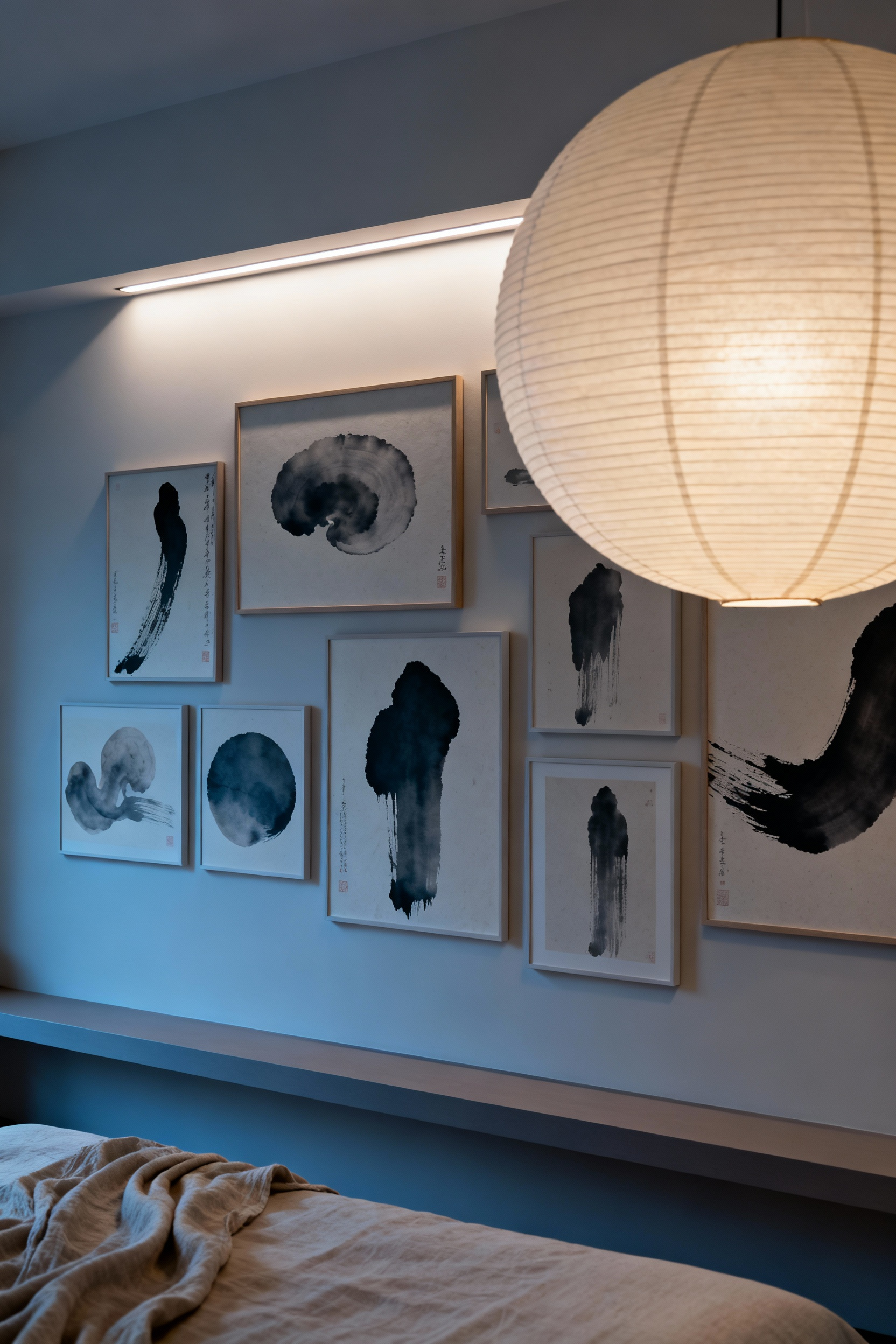 Serene bedroom featuring an eclectic mix of East-West art prints, blending minimalist sumi-e and abstract European styles to represent personal identity and dreamscapes. Soft, diffused lighting enhances textured wall art in a modern, calm interior. Ideal for introspective spaces.