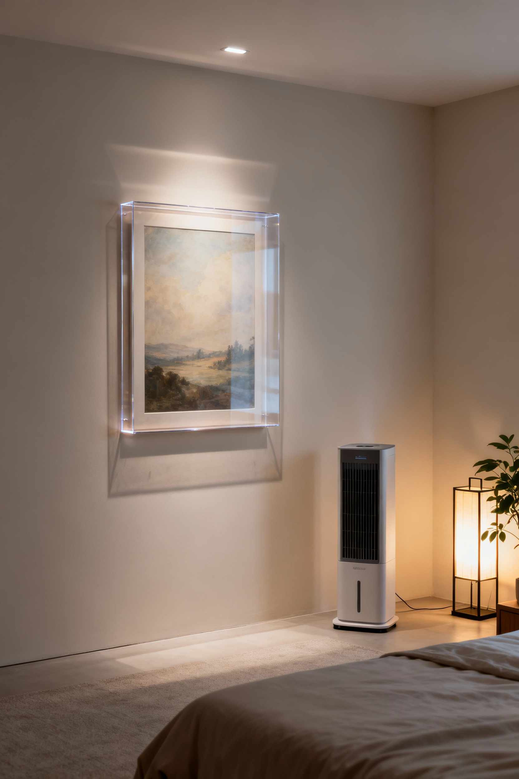 Framed art print with museum-grade UV-filtering glass in a clean, minimalist bedroom, subtle lighting, and a discreet climate control unit, illustrating art print care and environmental preservation.