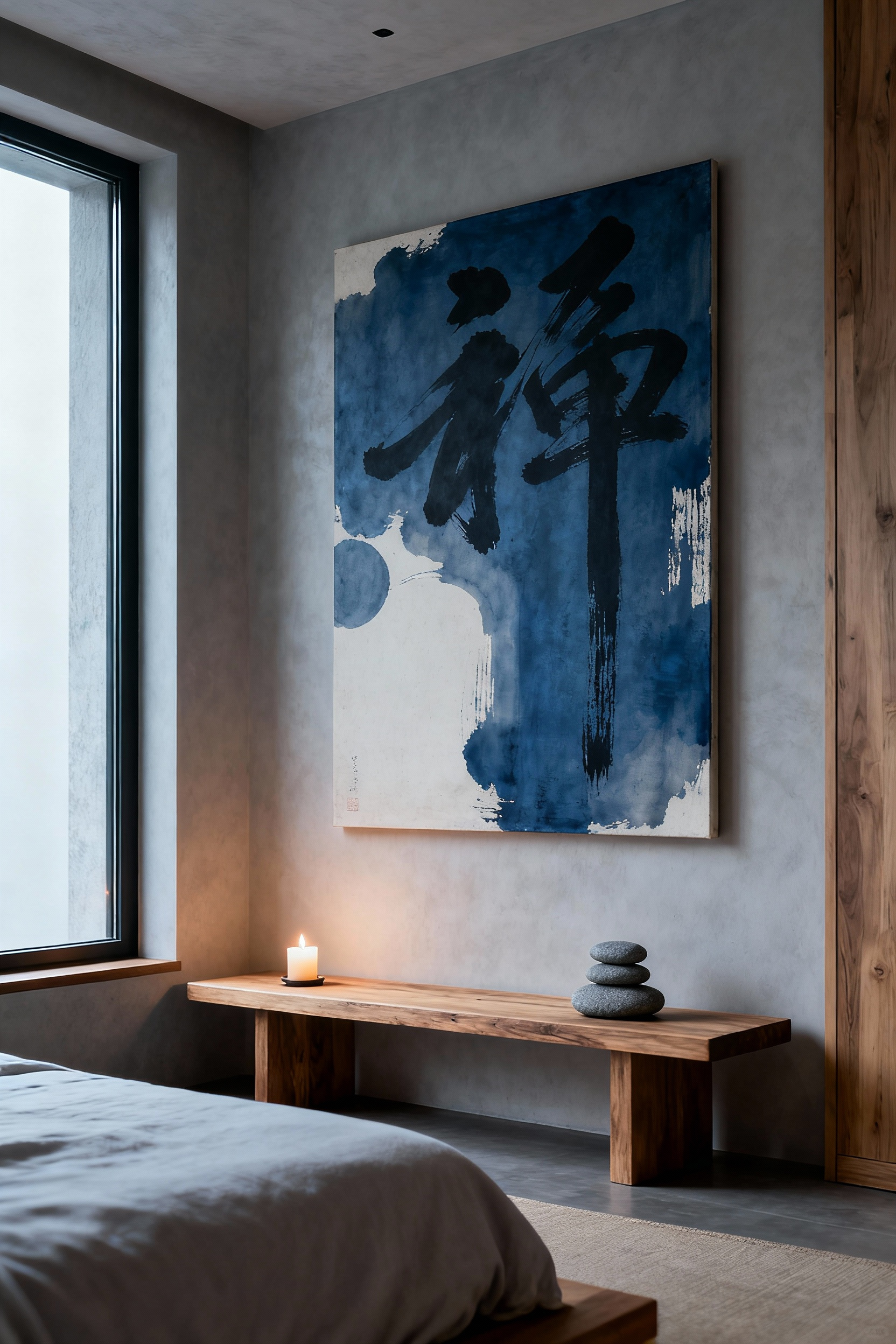 Minimalist bedroom art print blending Asian Zen calligraphy and European modernism above a bench, bathed in soft light, for daily mindfulness and reflection.