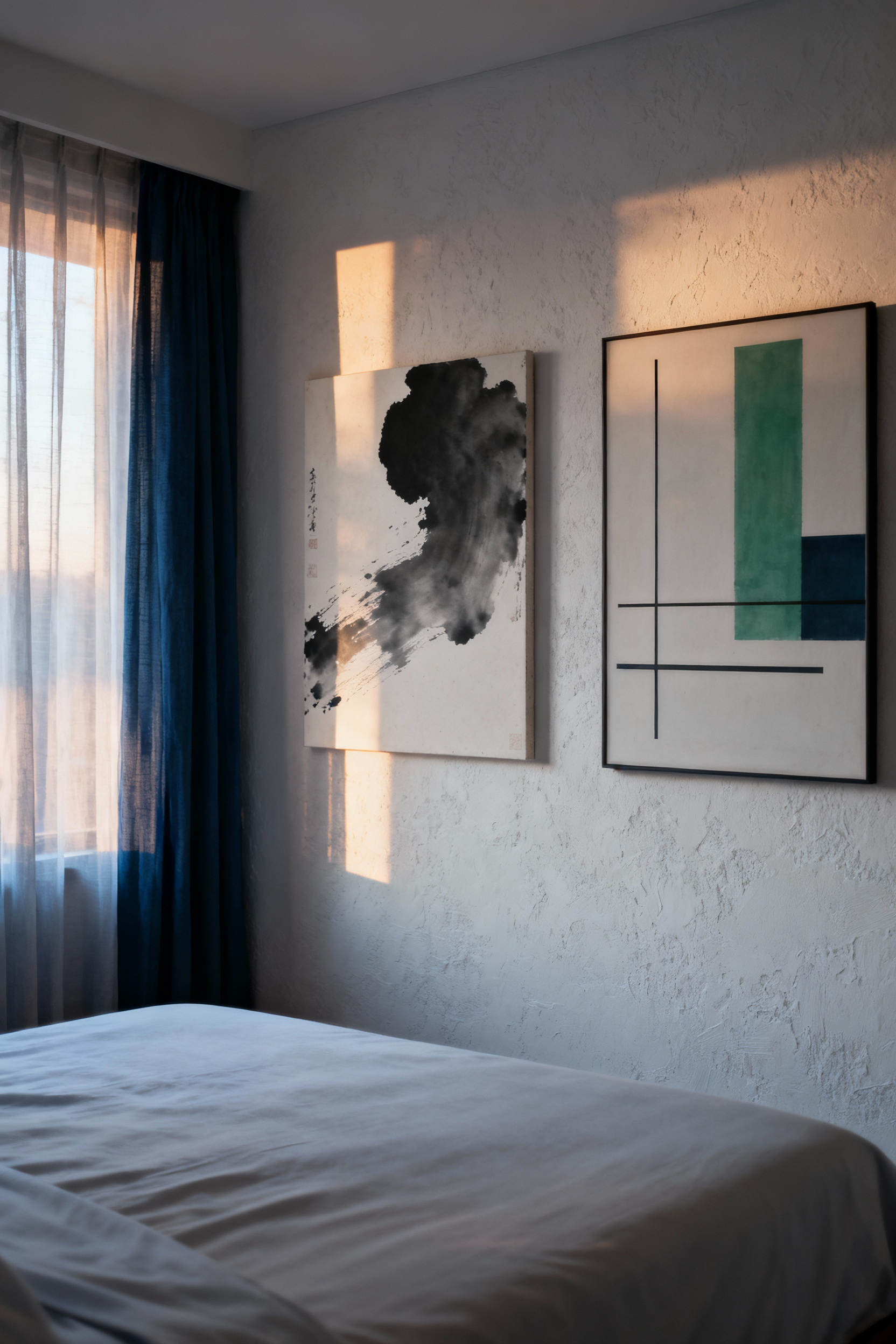 Serene bedroom featuring an Asian-European fusion gallery wall with sumi-e and abstract geometric art prints, fostering personal reflection.