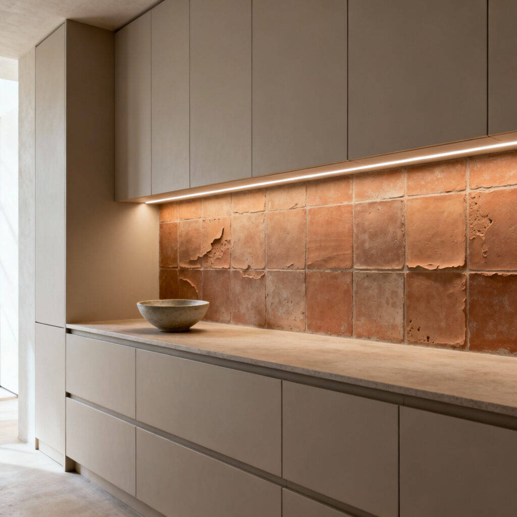Close-up of a kitchen backsplash featuring Wabi-Sabi inspired unglazed terra cotta tiles, showcasing natural texture and intentional imperfections, against minimalist cabinets.