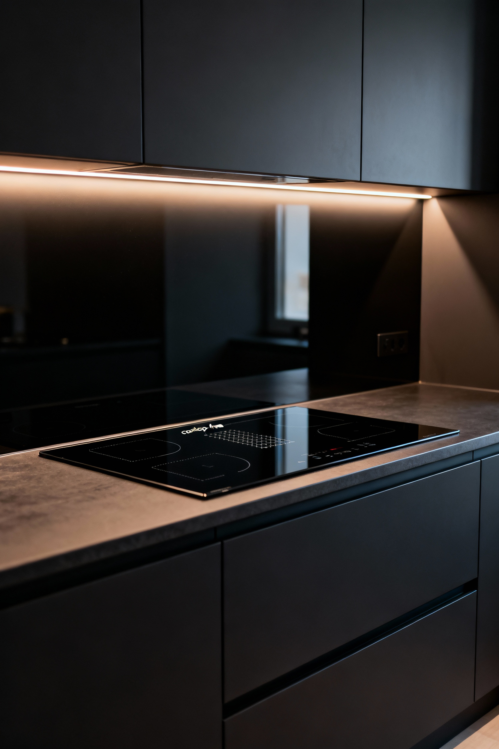 Sleek black tempered glass kitchen backsplash with integrated, invisible induction hobs, part of smart surface technology.