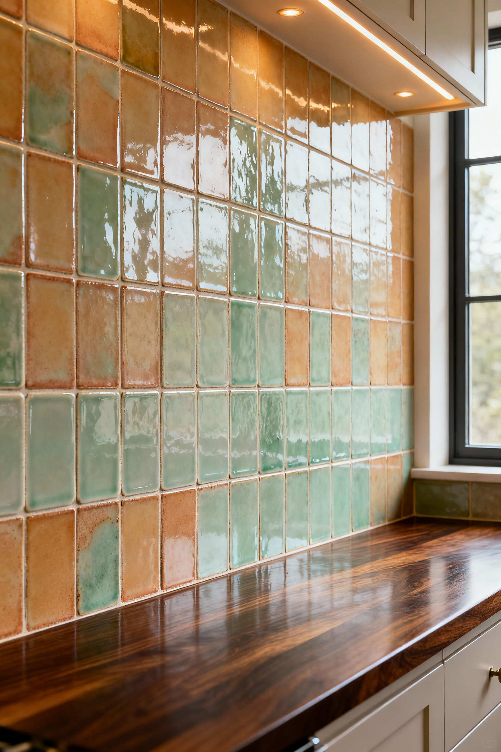 Kitchen backsplash with refined terracotta tiles and artisan-crafted celadon and ochre glazes, professional photo, elegant, rustic warmth