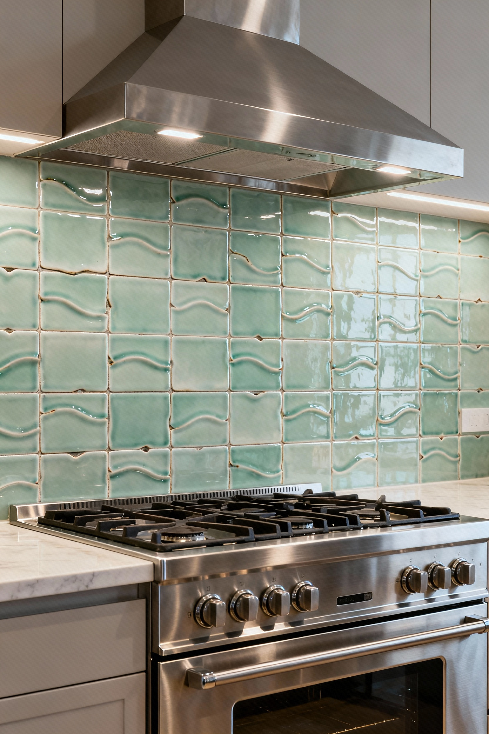 A modern kitchen showcasing a professional-grade range with a unique, artfully integrated celadon tile backsplash, blending Asian and European design aesthetics, focused on materiality and visual harmony.