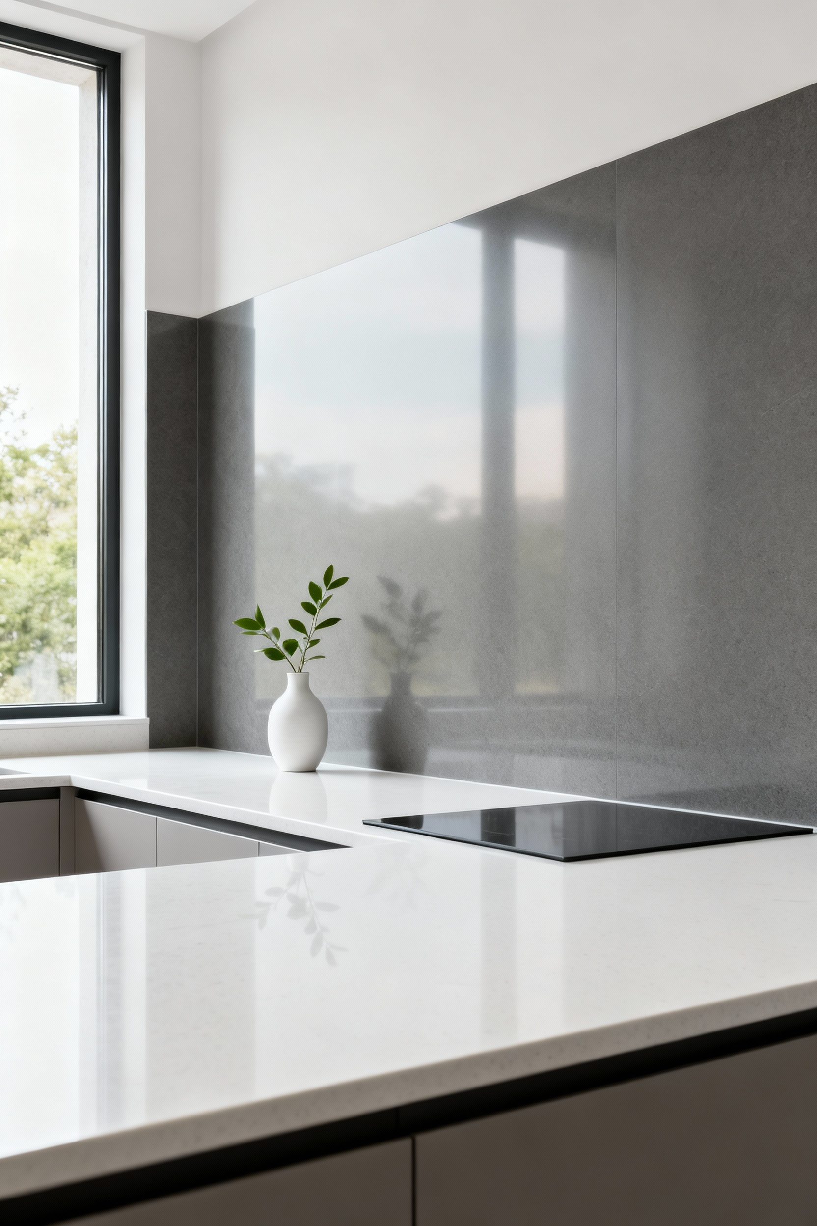 A modern kitchen backsplash made of sleek, low-porosity sintered stone, emphasizing hygienic durability and minimal grout lines in a clean, professional portrait photo. The surface is smooth and reflects soft lighting, showcasing its easy-to-clean qualities.