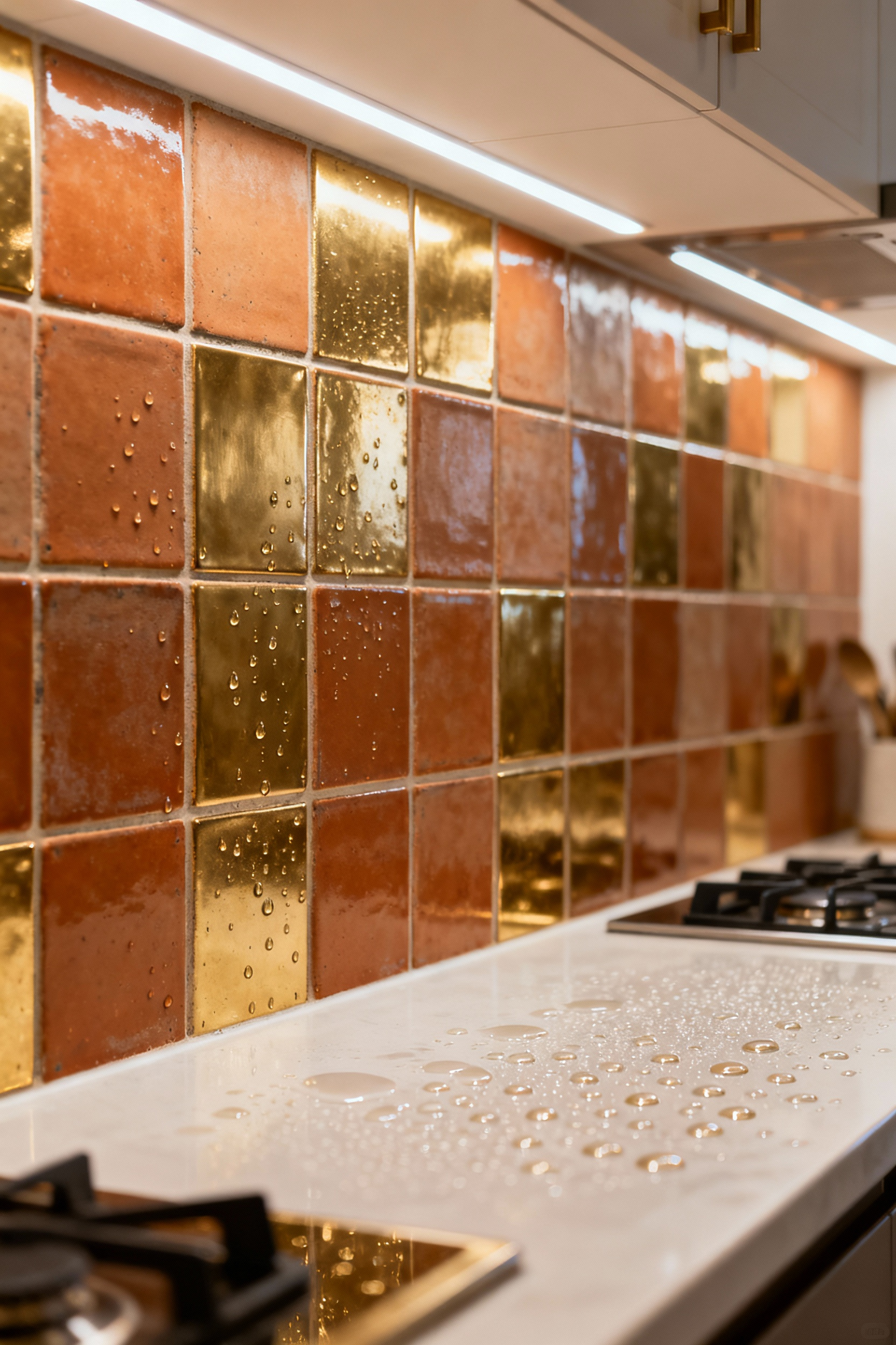 Close-up of a sealed kitchen backsplash, featuring traditional Bat Trang unglazed terracotta tiles and brass accents, demonstrating water beading perfectly on the protected surface in a Modern Asian-European Fusion kitchen.