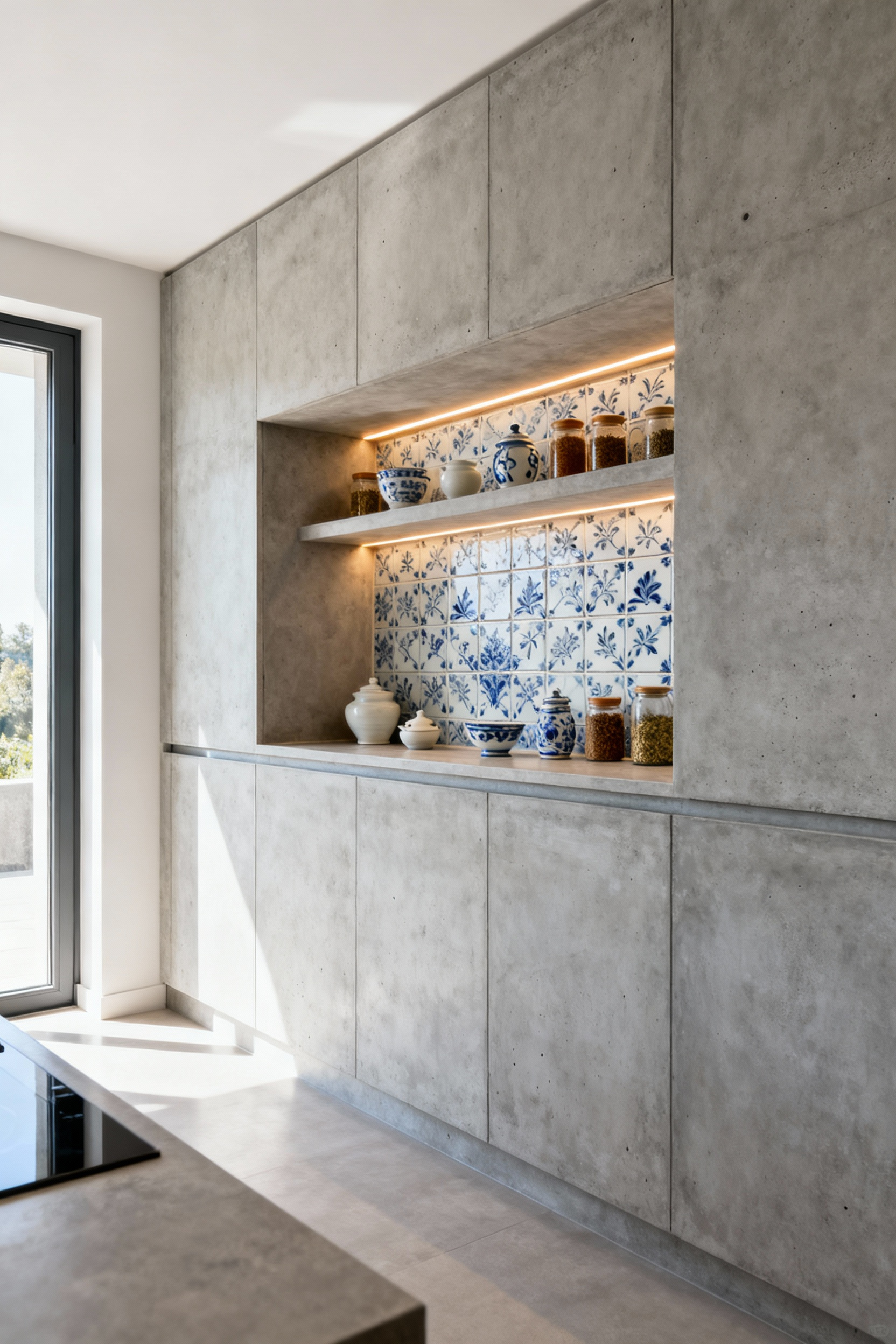 A sophisticated kitchen backsplash with integrated recessed shelving, featuring minimalist design, hand-painted ceramic tile lining, and soft LED lighting highlighting decorative items.
