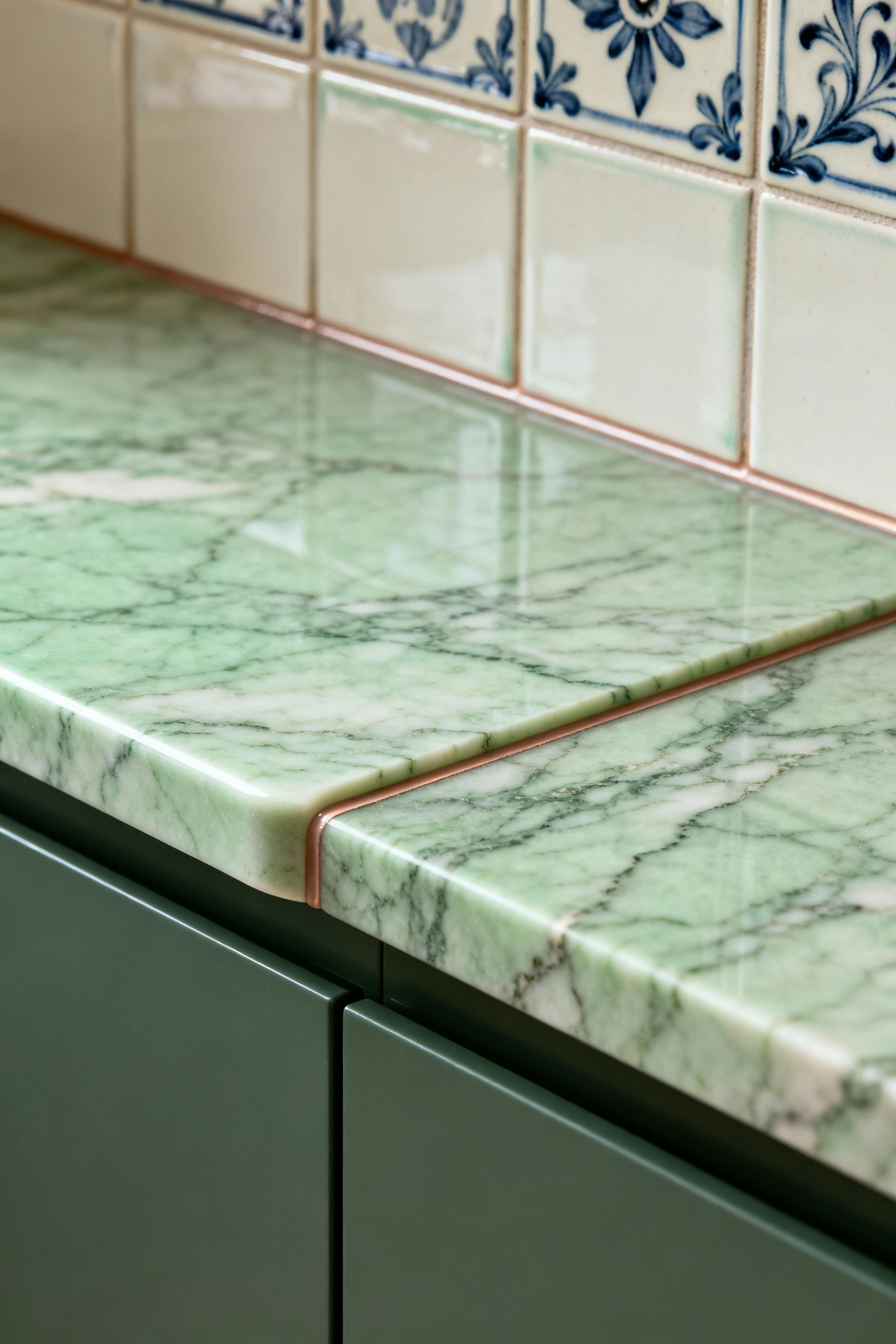 Close-up of a seamless green marble countertop transitioning to a Bat Trang ceramic tile backsplash, featuring a precisely radiused eased edge and thin epoxy grout line.