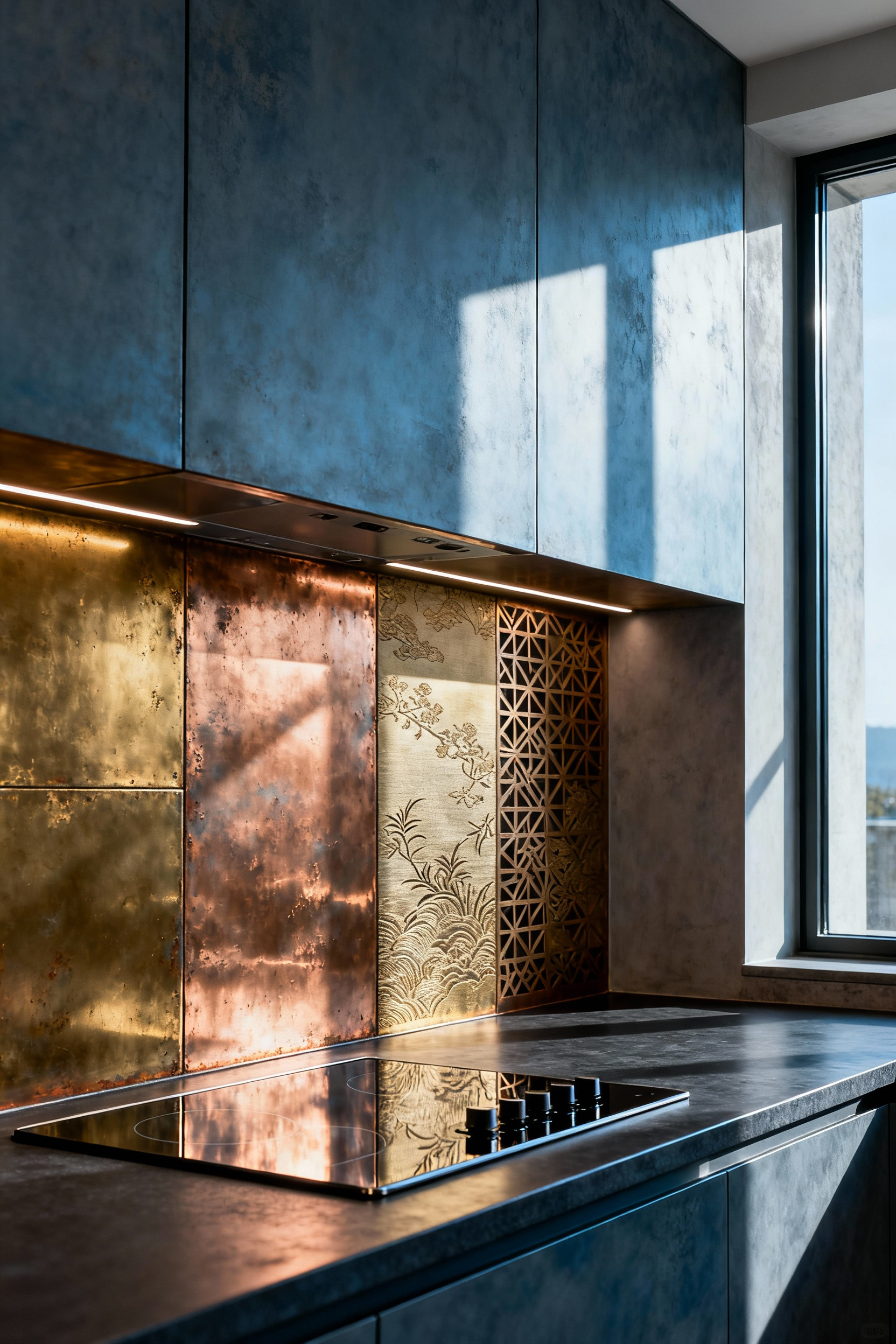 Kitchen backsplash featuring interwoven panels of deeply patinated copper with subtle etched patterns and brilliantly burnished brass, reflecting light dynamically, set in a modern minimalist kitchen.