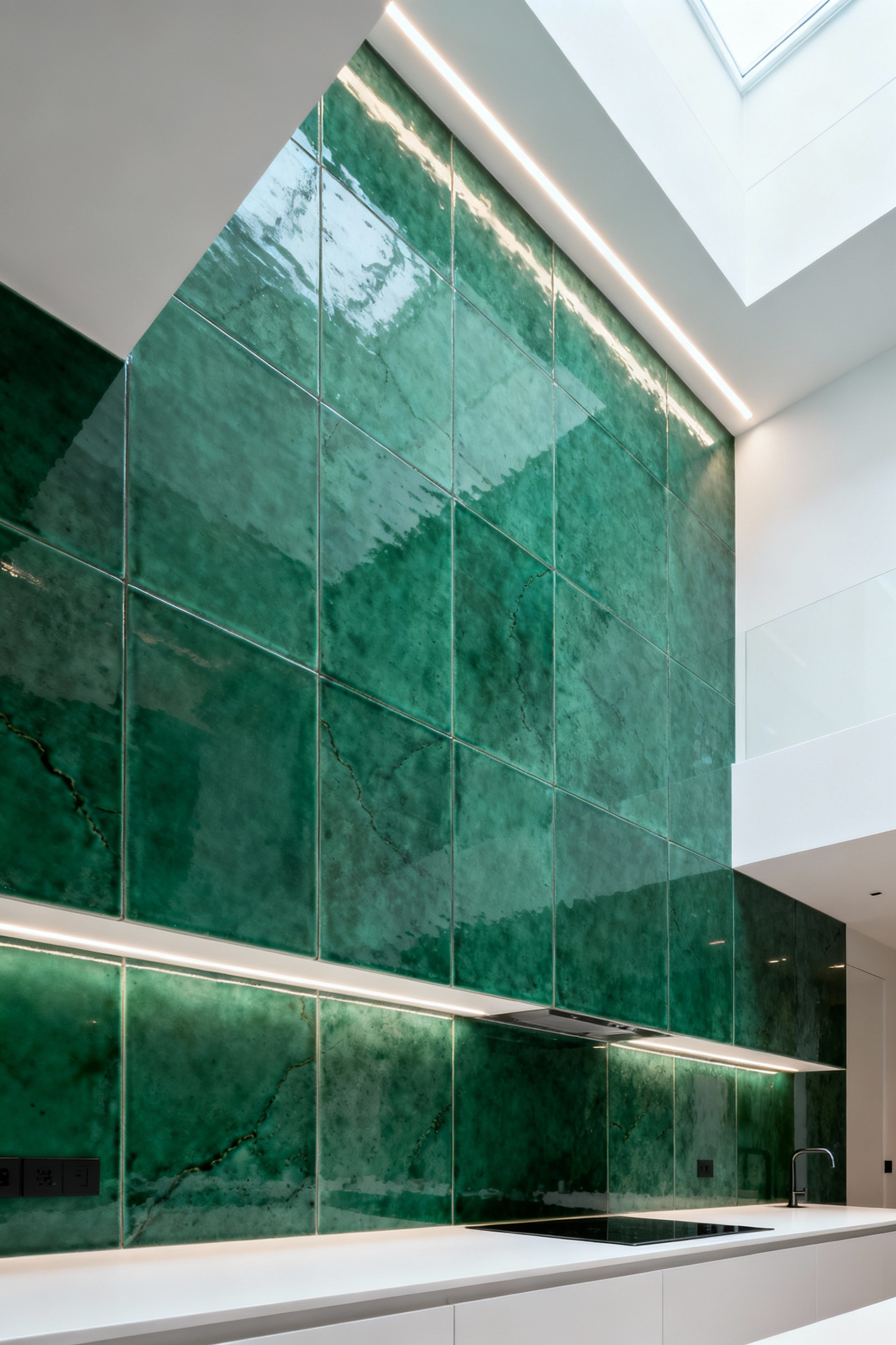 Contemporary kitchen featuring a full-height emerald green ceramic tile backsplash extending from countertop to ceiling, creating perceived ceiling height and a sense of verticality.