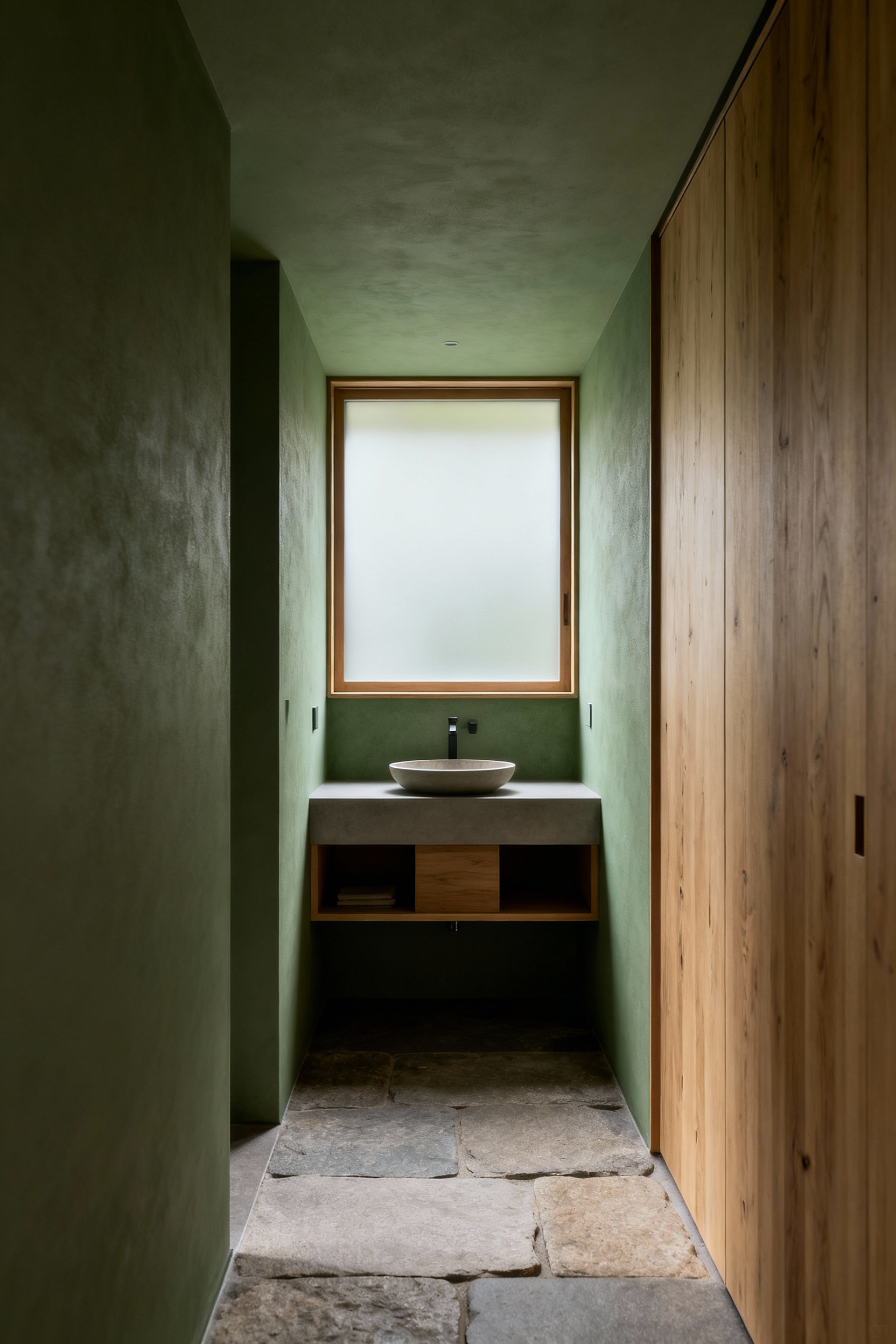 Zen small bathroom with Jikan optimized layout featuring seamless pathways, concealed storage, minimalist design, and calming natural light for daily rhythmic flows.