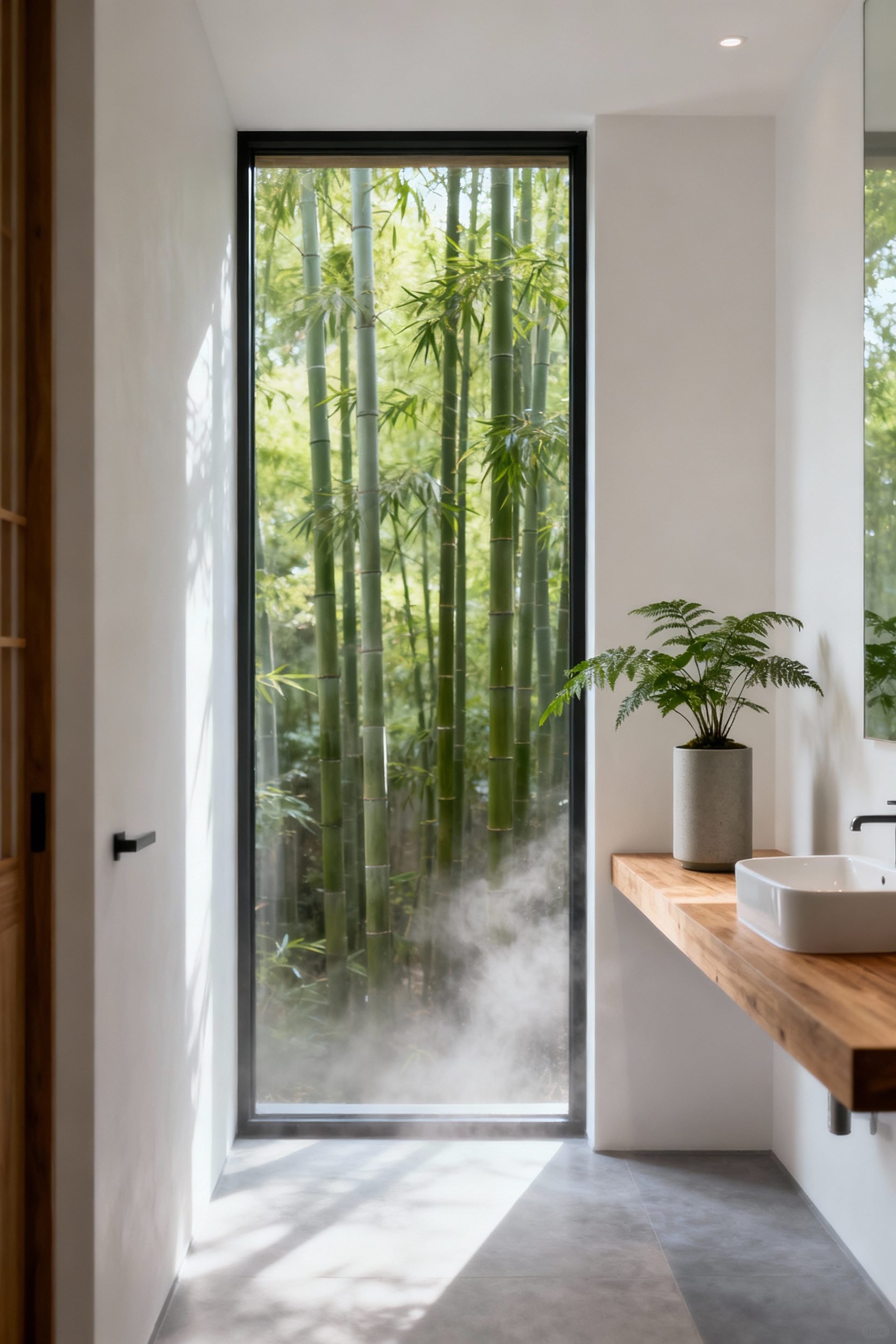 A small, minimalist Zen-inspired bathroom with a large window framing an outdoor bamboo grove, illustrating indoor-outdoor biophilic design for enhanced tranquility and perceived spaciousness.