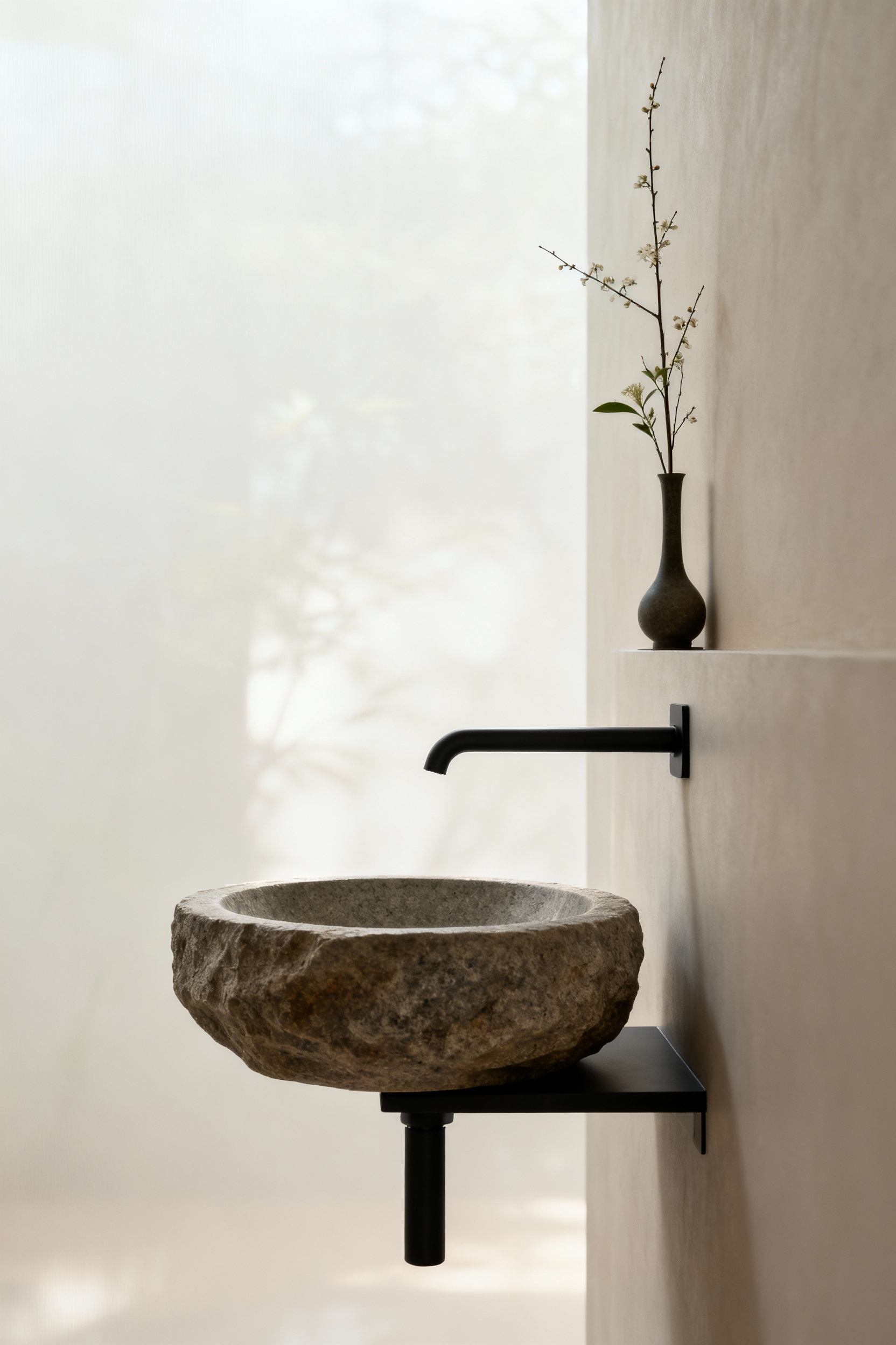 Zen-inspired small bathroom with a wall-mounted natural stone basin and slender matte black faucet, showcasing proportionally selected fixtures for spatial harmony and efficient design.