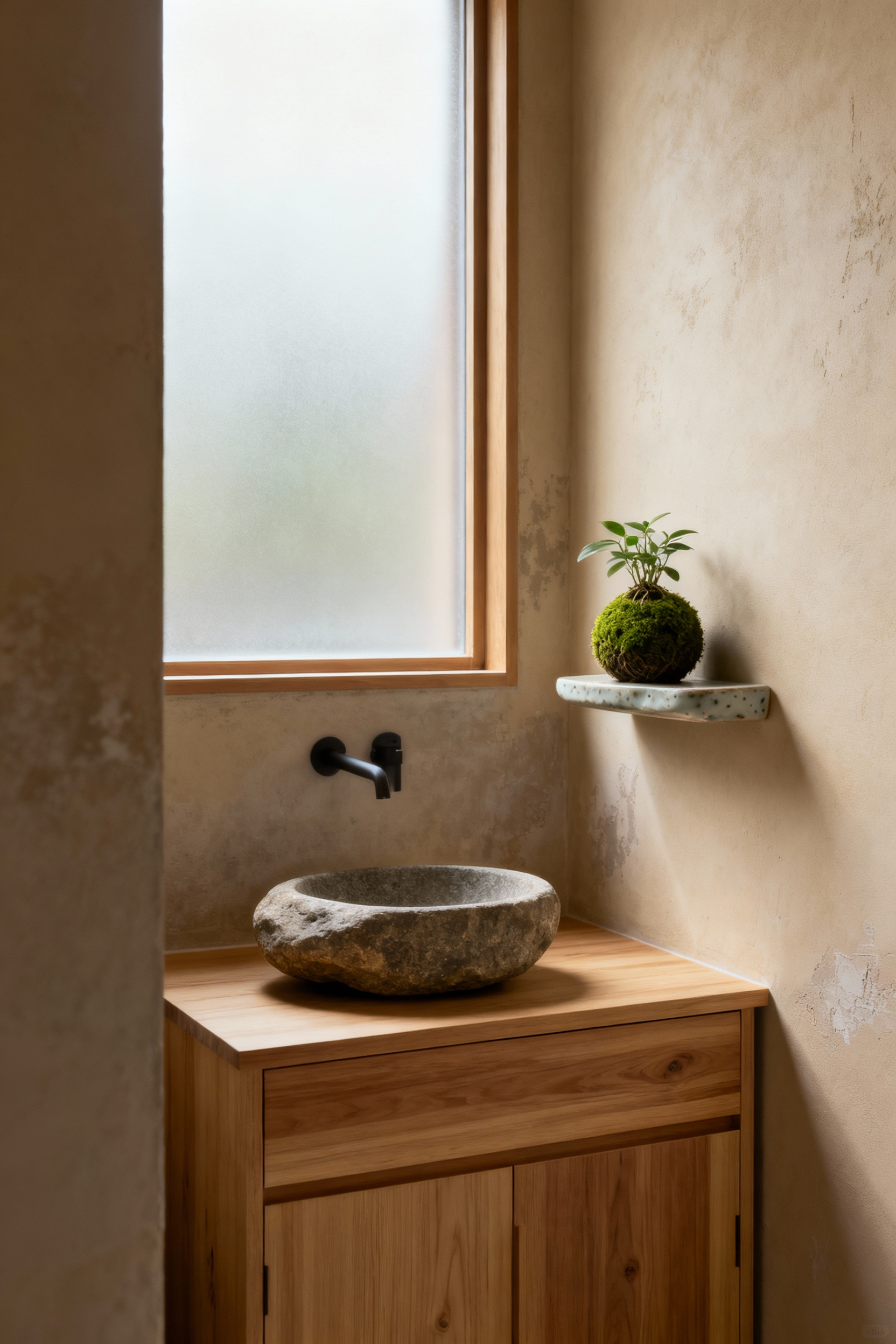 Small bathroom with hinoki wood vanity, river stone basin, and kokedama moss ball, reflecting Ikigai-inspired Zen harmony.