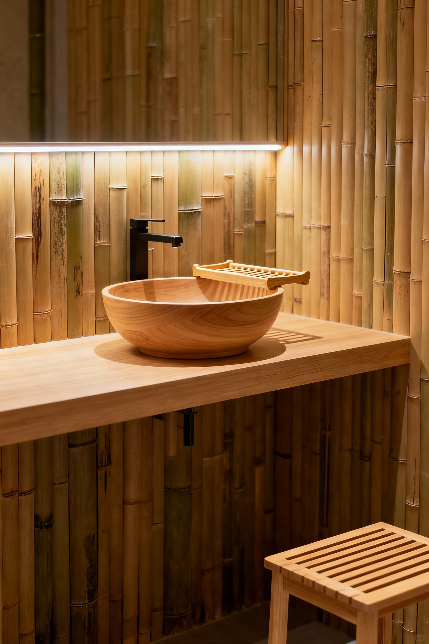 A minimalist small Zen bathroom with Hinoki wooden basin on a floating bamboo vanity, Hinoki bath caddy, and bamboo wall panels, under soft, diffused lighting.