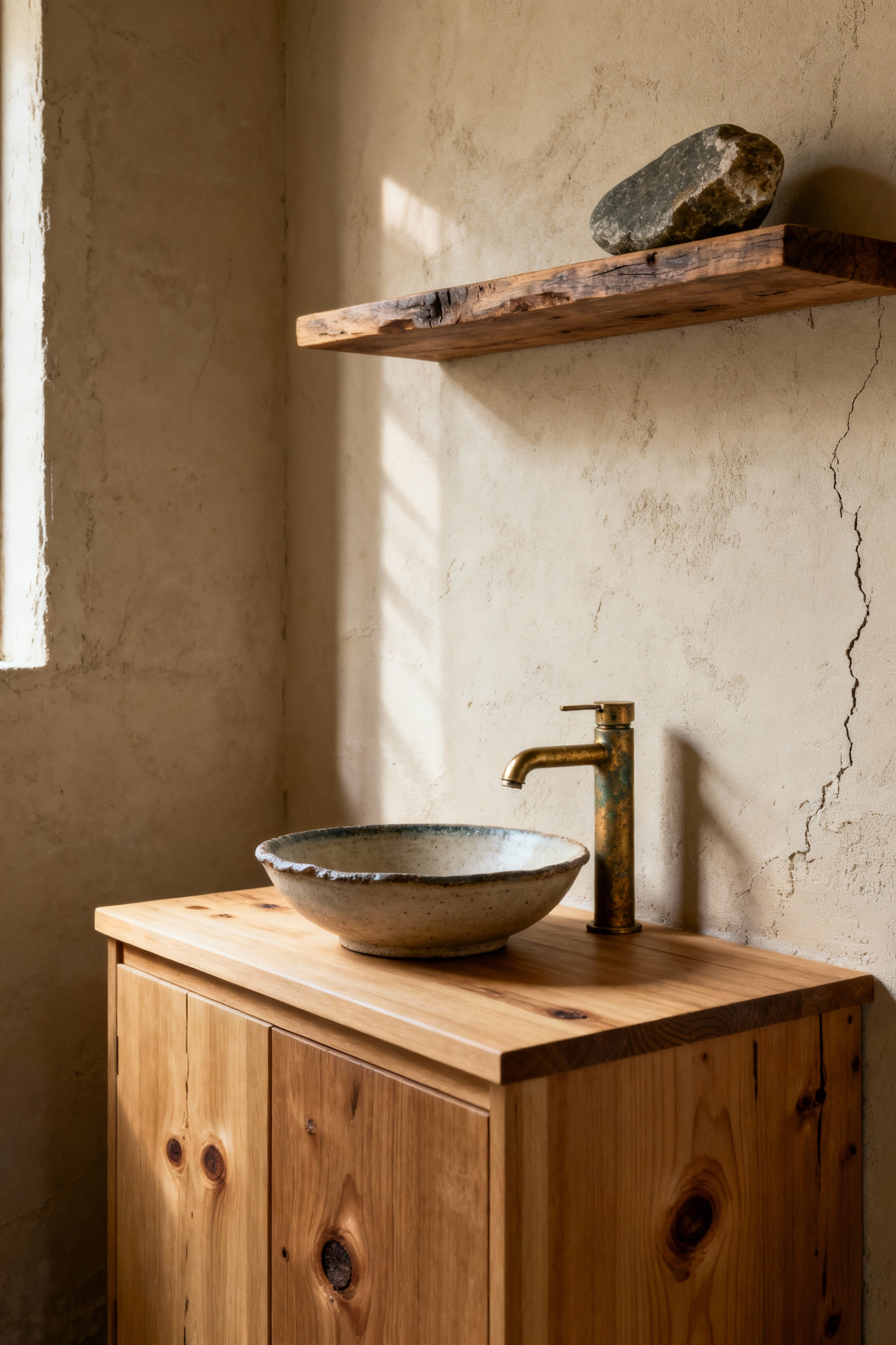 Small Wabi-Sabi bathroom interior with a wooden vanity, ceramic sink, unlacquered brass faucet, lime plaster walls, and a river stone accent, showcasing natural textures and imperfect beauty.