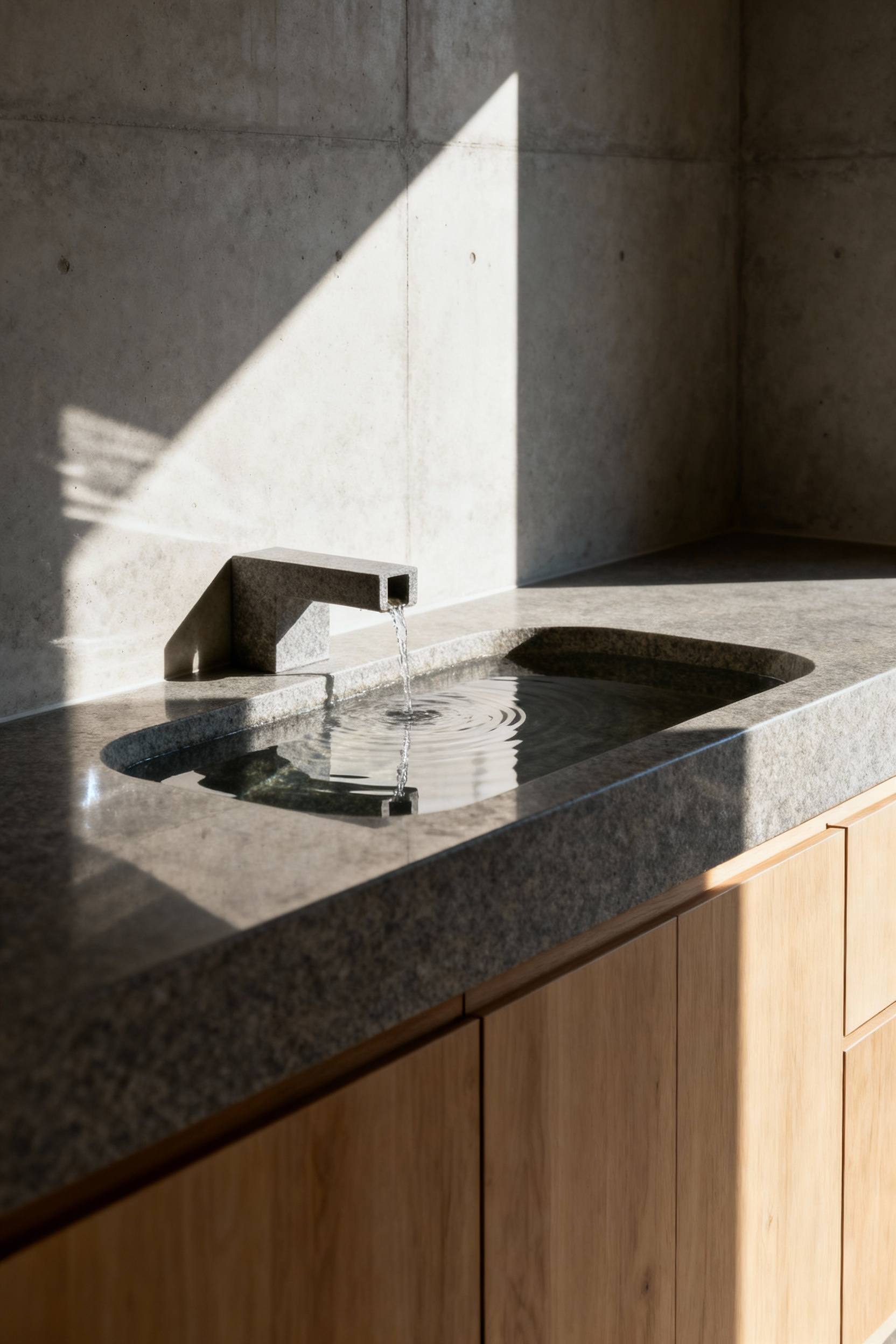 Minimalist small Zen bathroom with a stone sink and subtle water feature, creating gentle mizu-oto sounds for tranquility.