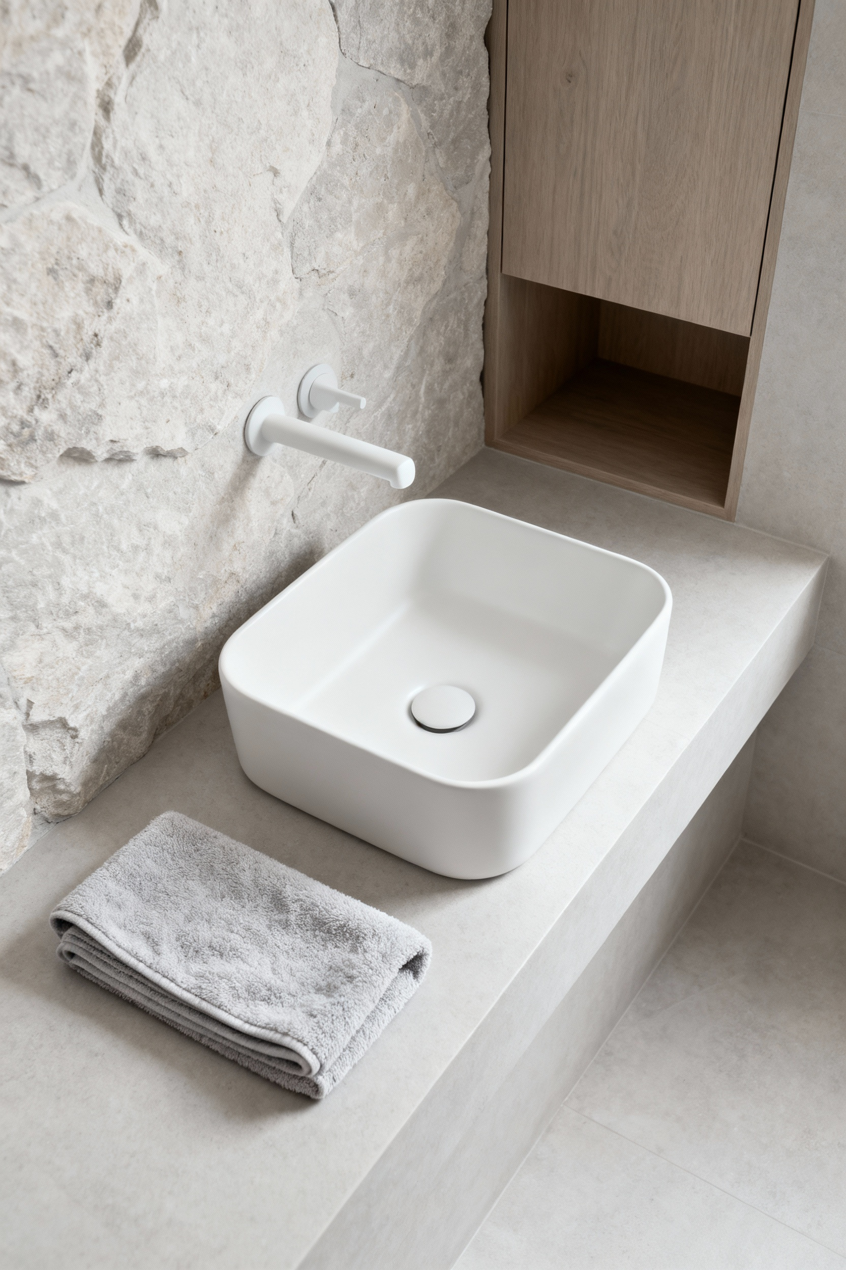 Small Zen bathroom featuring pristine natural wood and stone, a soft cleaning cloth, and hidden storage, illustrating Mikuni maintenance rituals for sustained simplicity.