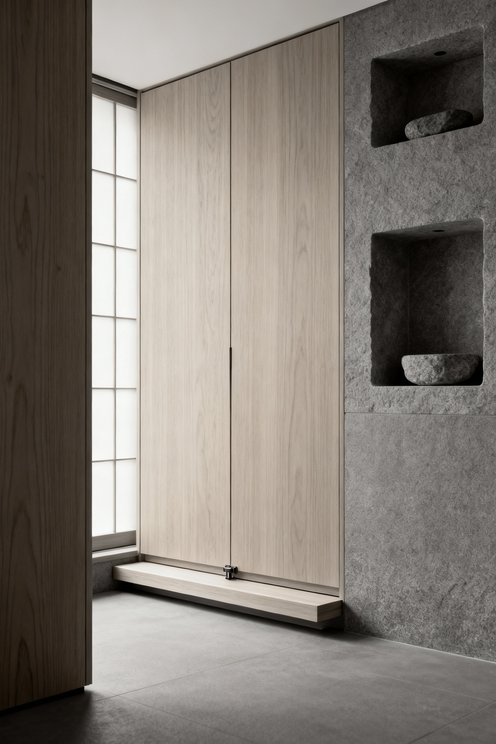 A minimalist Zen-inspired small bathroom featuring integrated invisible storage with flush hinoki cypress cabinets and recessed stone niches, designed to declutter visuals and enhance perceived spaciousness.