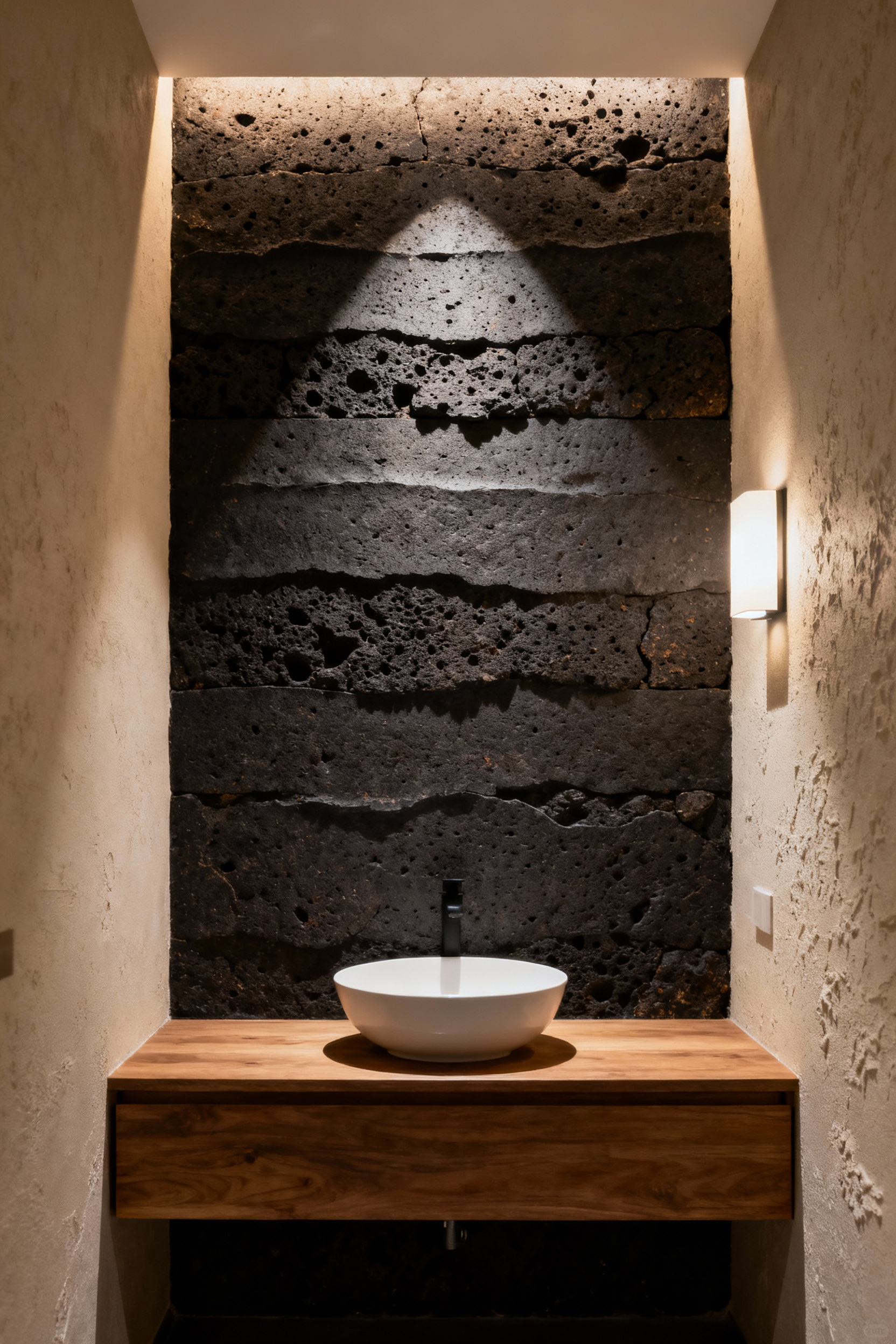 A serene small bathroom with a feature wall of dark, horizontally honed volcanic rock, subtly lit to enhance its natural texture, reflecting Kaiseki-inspired design principles.
