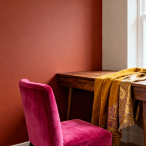 A sophisticated teen's bedroom features a prominent terracotta accent wall, complemented by fuchsia seating and mustard yellow textiles, illustrating a bold, dominant color choice.