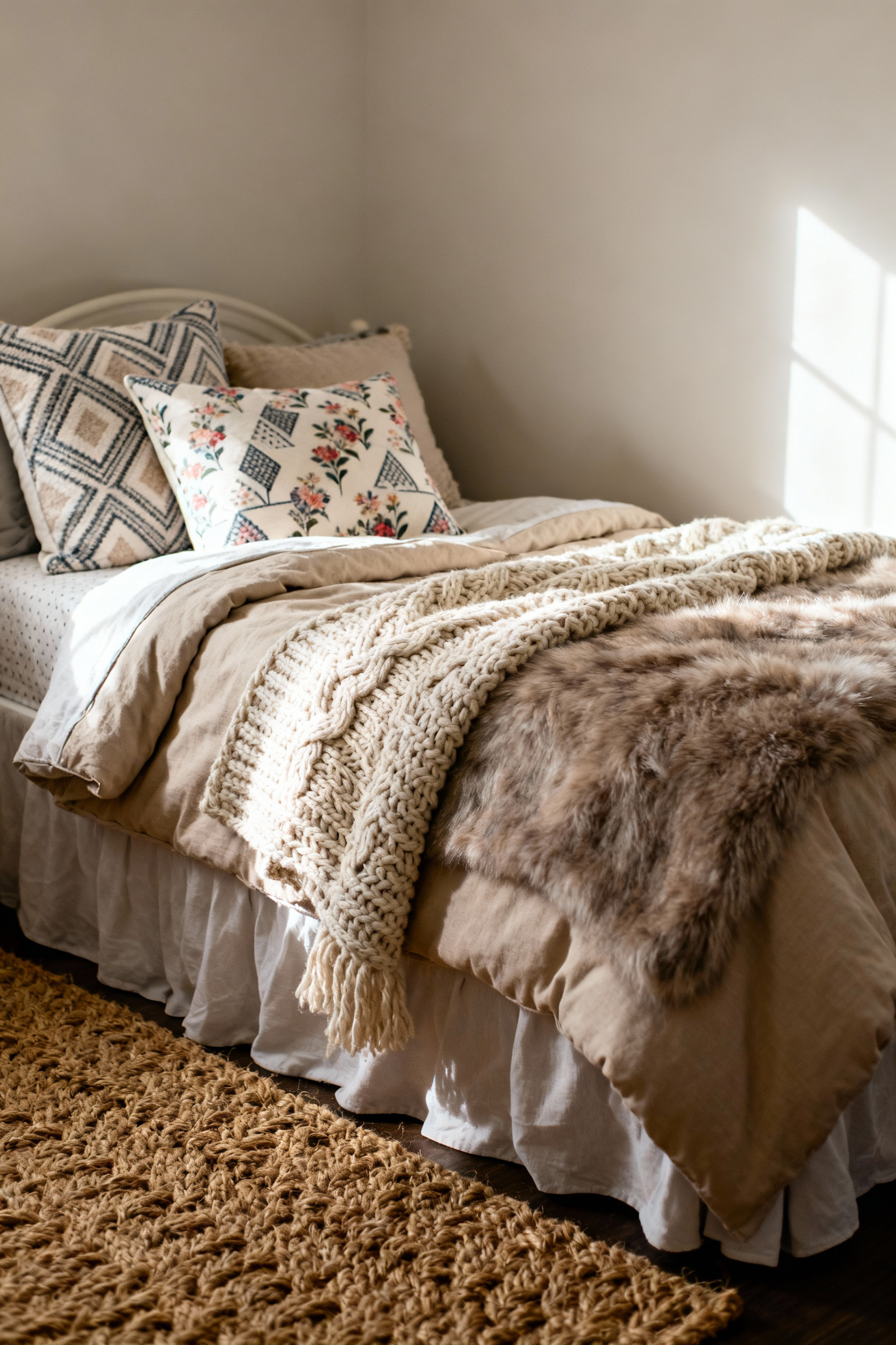 Cozy teen bedroom with a bed featuring multiple layers of blankets, pillows, and a textured rug, showcasing strategic textile layering for comfort and style.