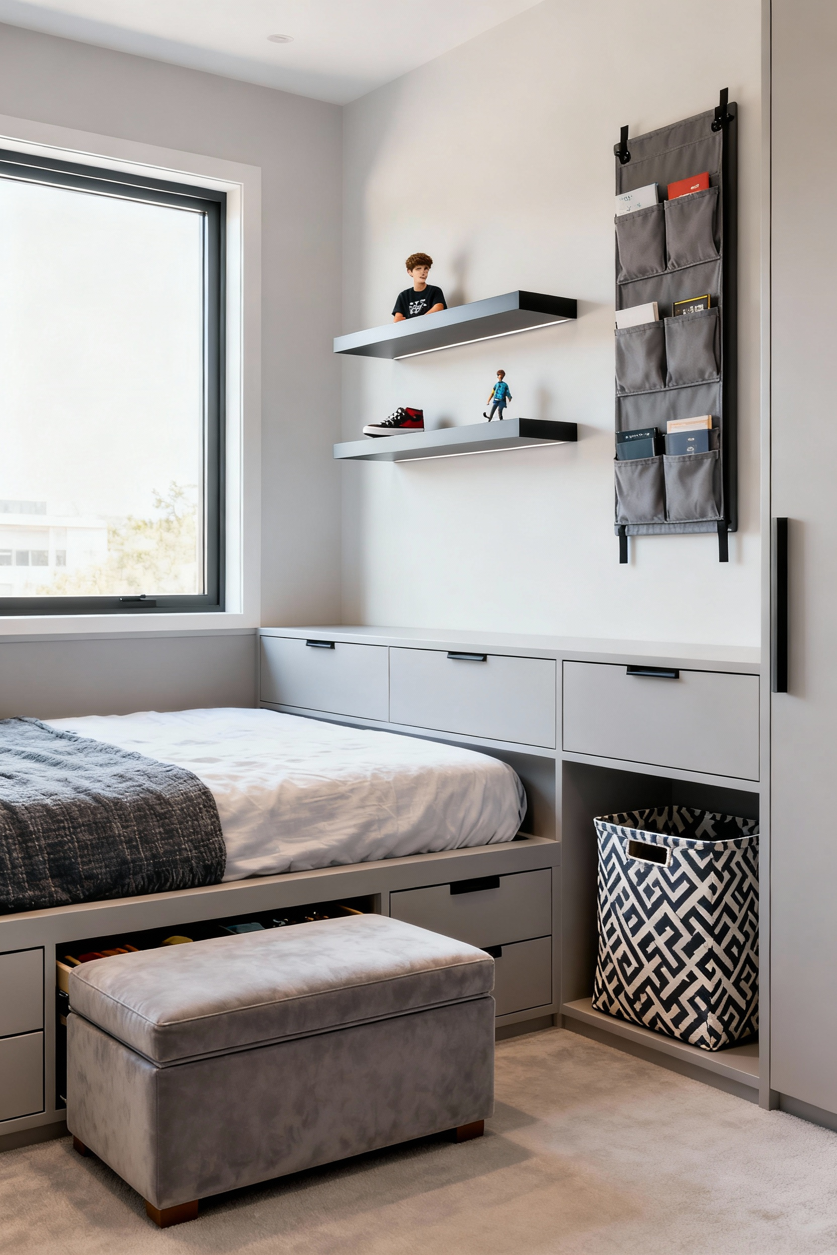 An organized teen bedroom featuring a platform bed with storage, floating shelves, and decorative bins, designed for maximizing spatial efficiency.