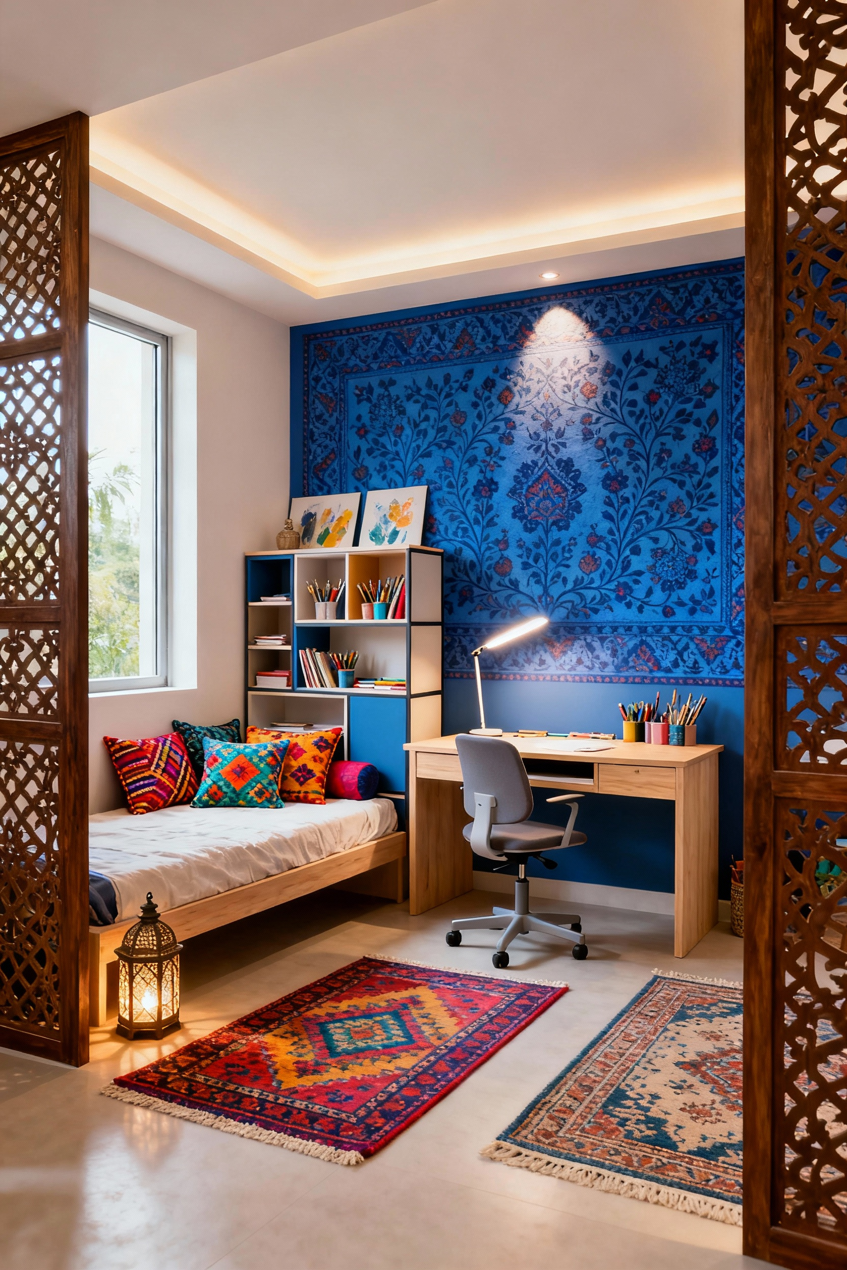 Multi-functional teen bedroom with clearly defined zones for studying (desk), relaxing (daybed with colorful cushions), and hobbies (art supply shelving unit).