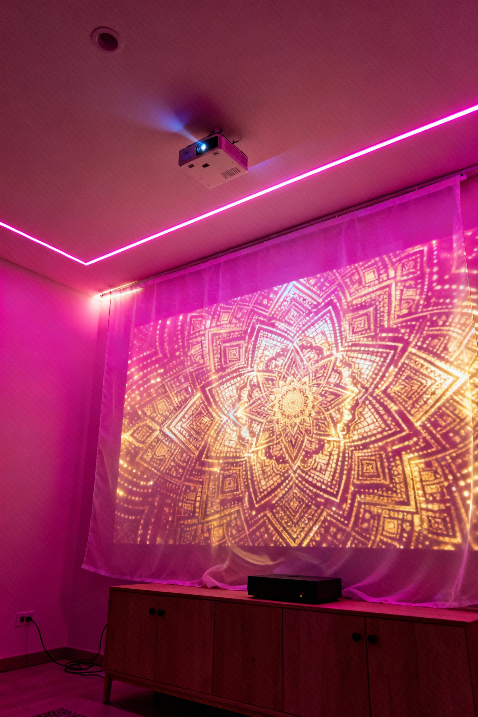 Teen bedroom with vibrant fuchsia and gold digital lighting projected onto walls, featuring Indo-Contemporary geometric patterns. Modern furniture, sleek integration of technology for an immersive environment, no visible clutter.