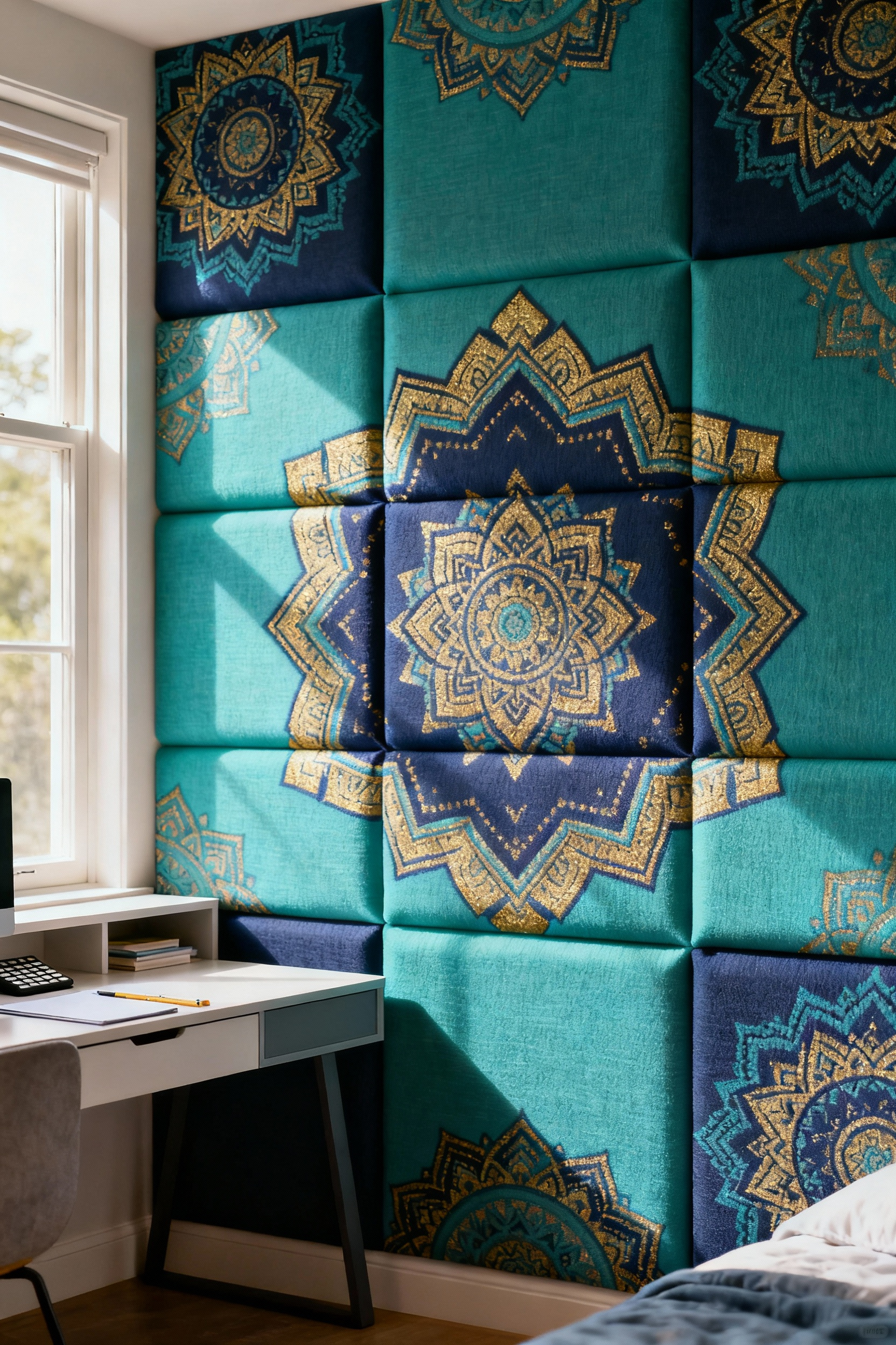 Portrait view of a stylish teen bedroom featuring acoustic wall panels with vibrant Indian-inspired geometric patterns, a study desk, and natural light, creating a serene and acoustically optimized space.