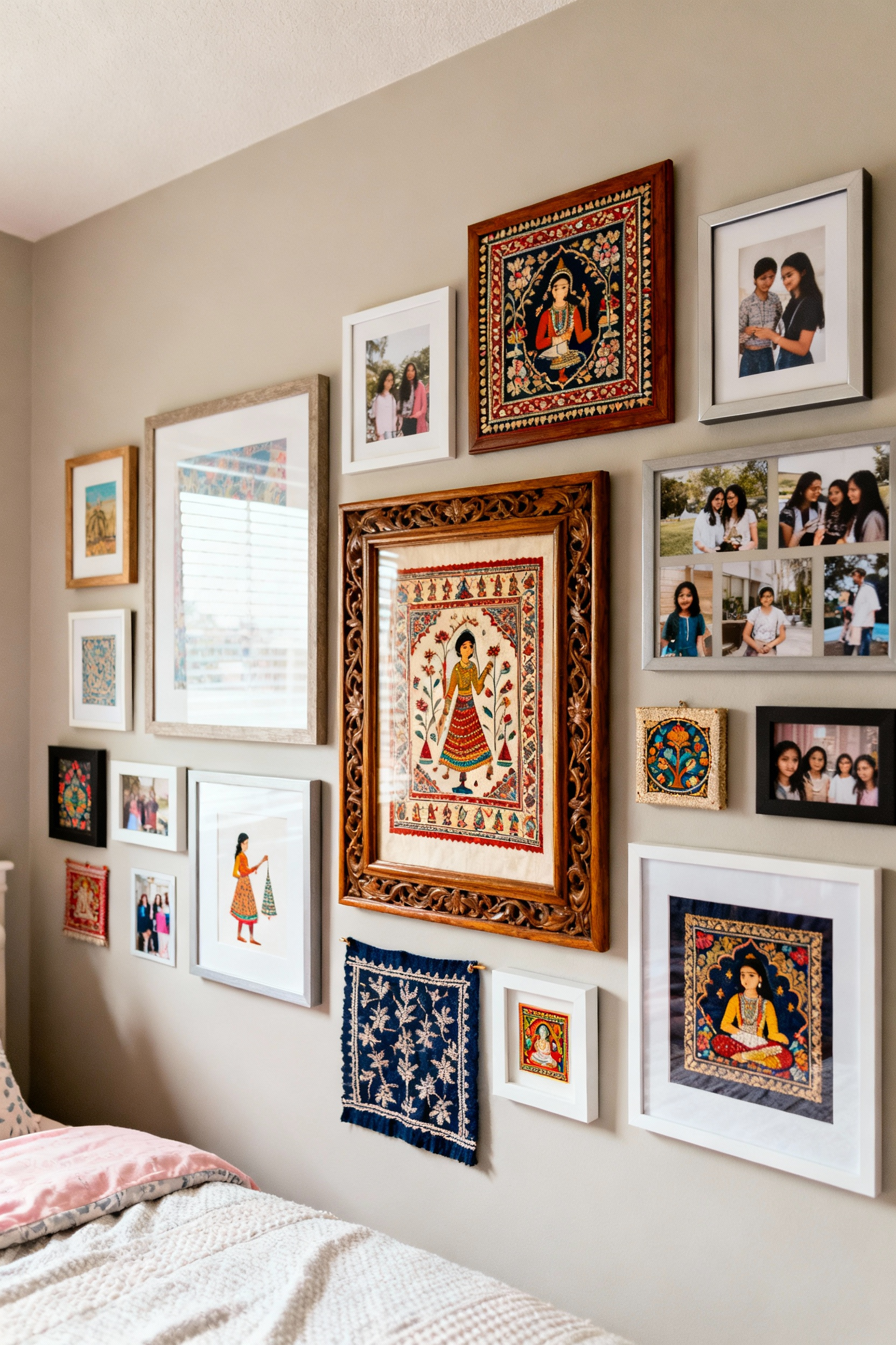 Close-up of a meticulously arranged teen gallery wall featuring diverse framed art, photographs, and framed Kalamkari textiles in an Indo-Contemporary style bedroom with soft lighting.