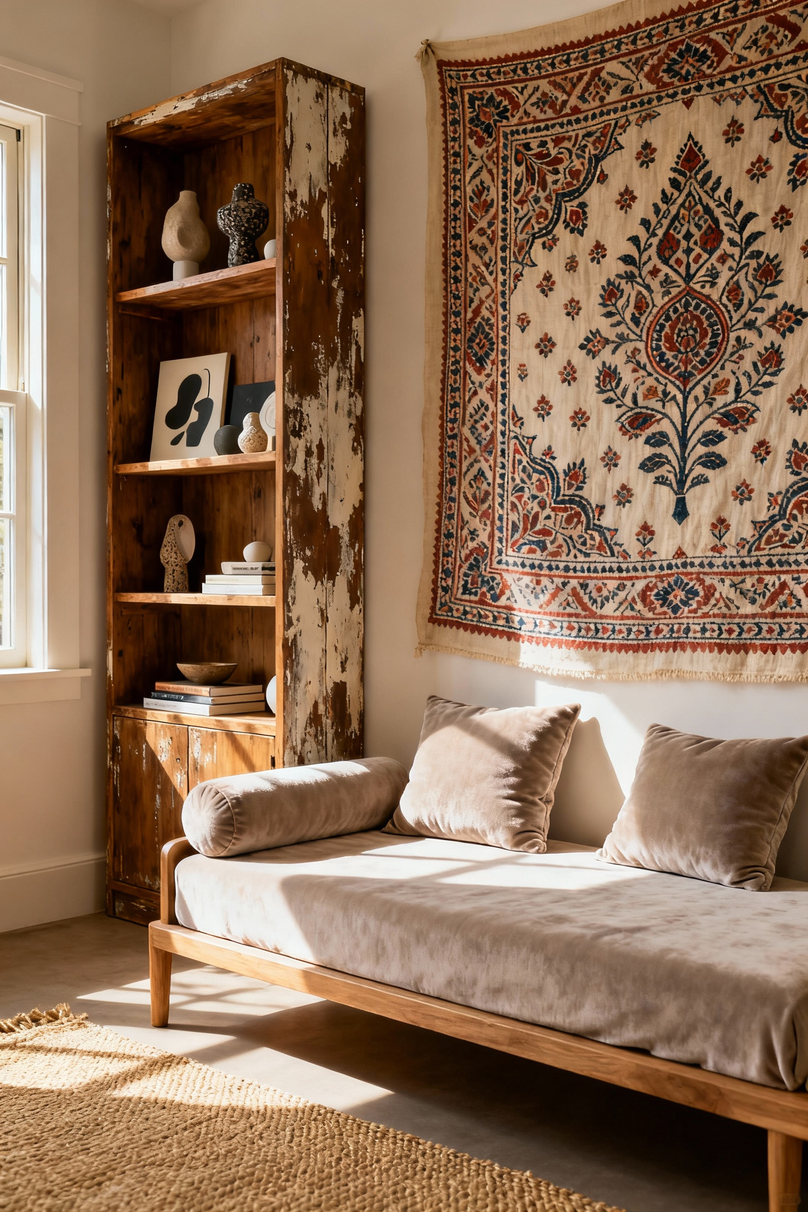 A beautifully curated teen bedroom displaying a unique signature aesthetic, featuring cultural textiles, raw wood furniture, varied textures, and neutral tones under soft natural light, showcasing material and form interplay.