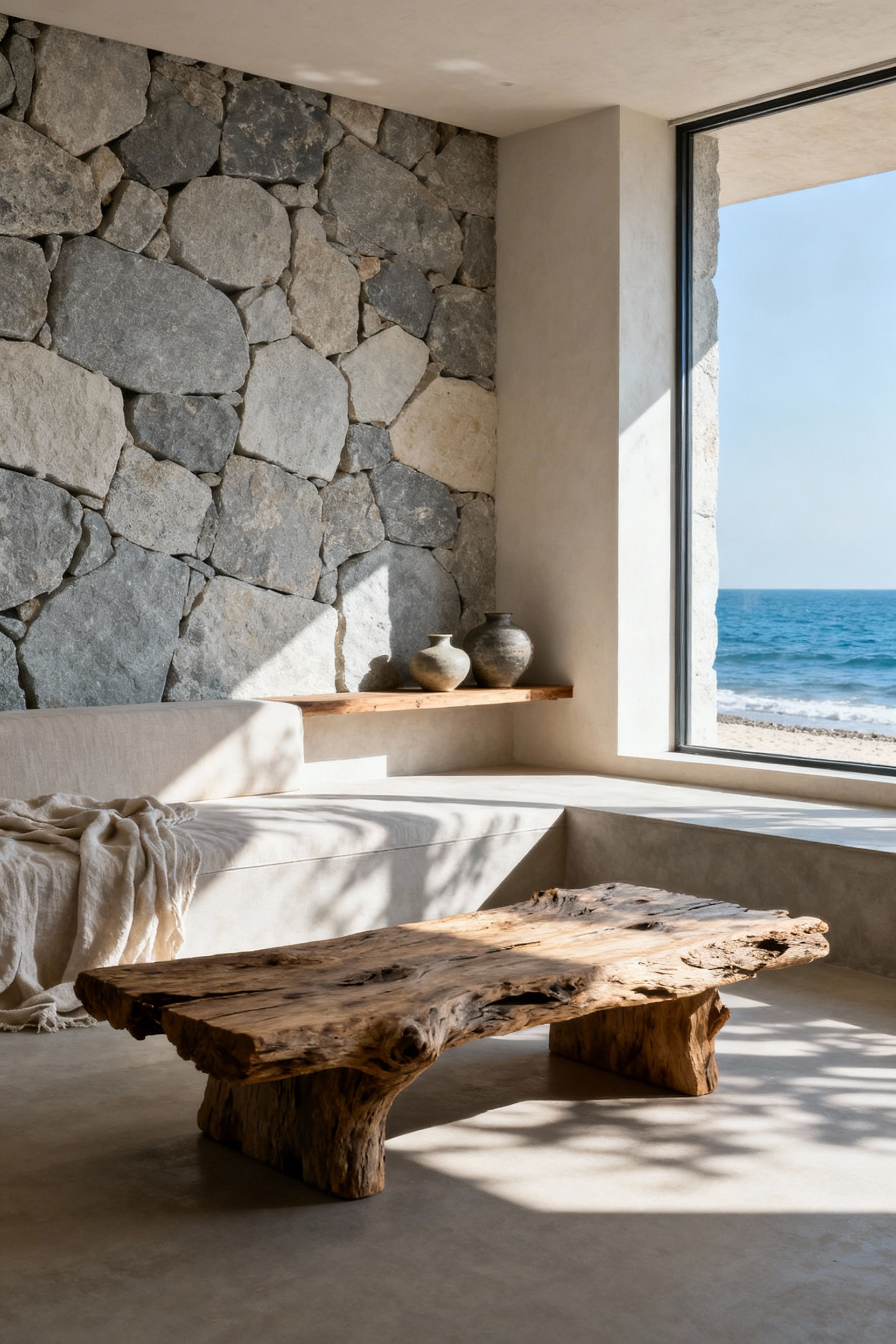 A coastal living room designed with Shibui elegance, featuring a minimalist aesthetic, natural materials like aged wood and unpolished stone, organic textiles, subtle lighting, and abundant negative space for a tranquil and contemplative atmosphere.