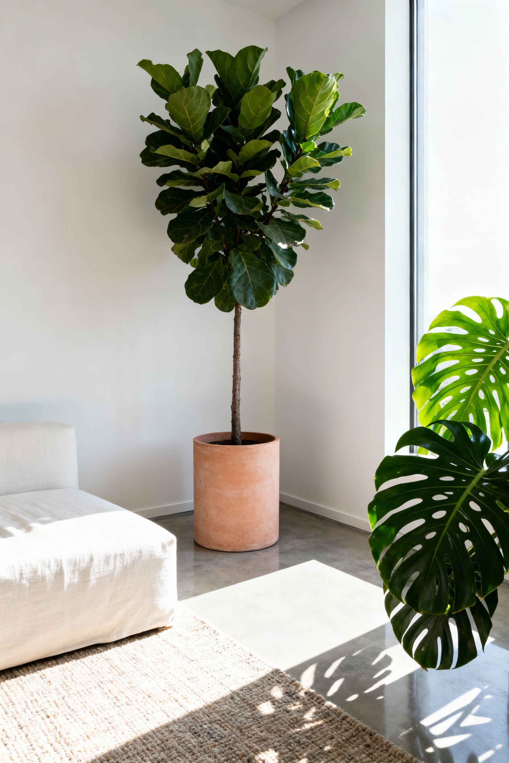 Tall Fiddle-Leaf Fig and massive Monstera Deliciosa used as architectural anchors and living sculpture in a bright, modern minimalist living room with ivory linen seating and polished concrete floors.