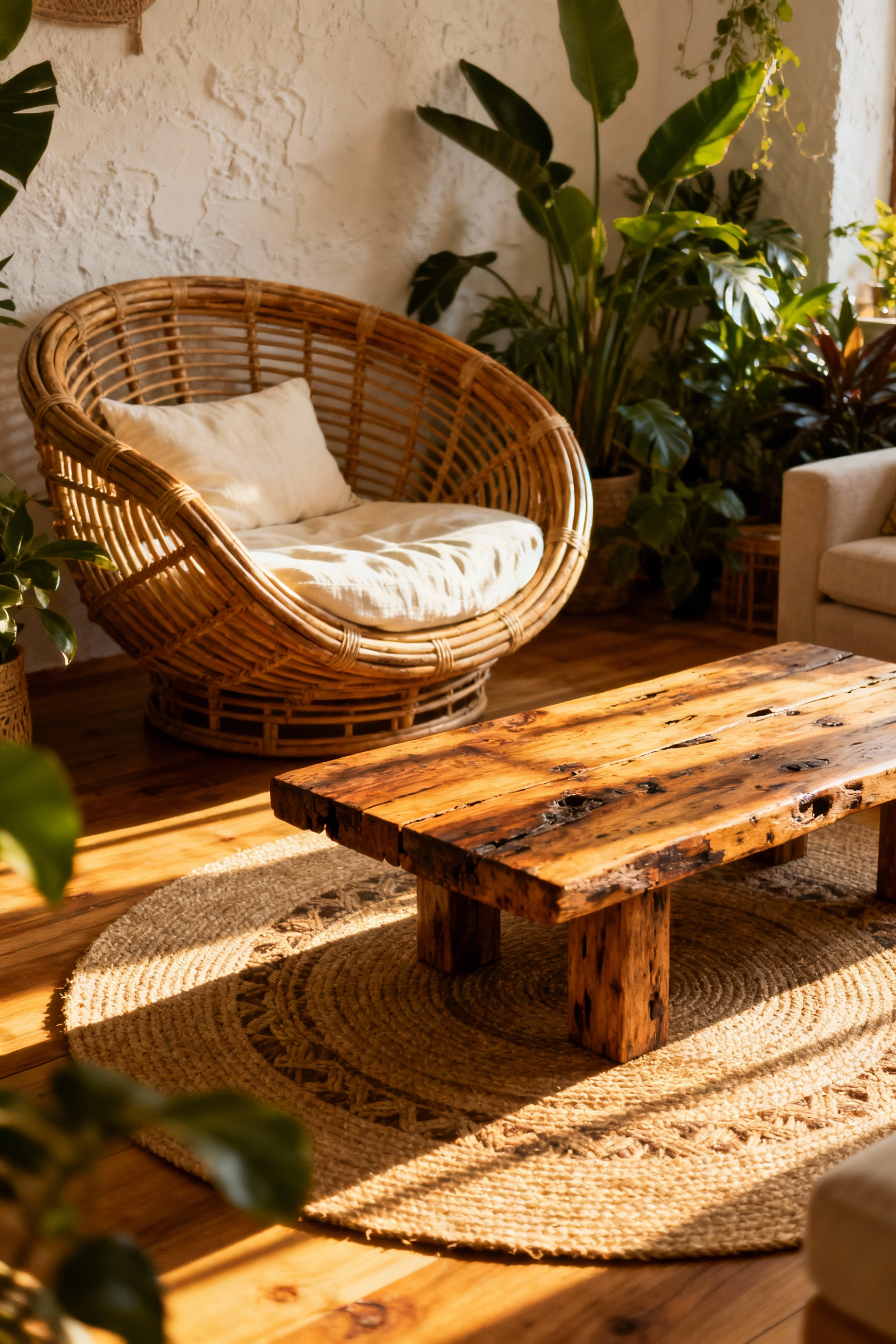 Full view of a boho living room featuring a substantial reclaimed teak wood coffee table and a woven rattan armchair, showcasing natural textures and warm golden hour lighting.
