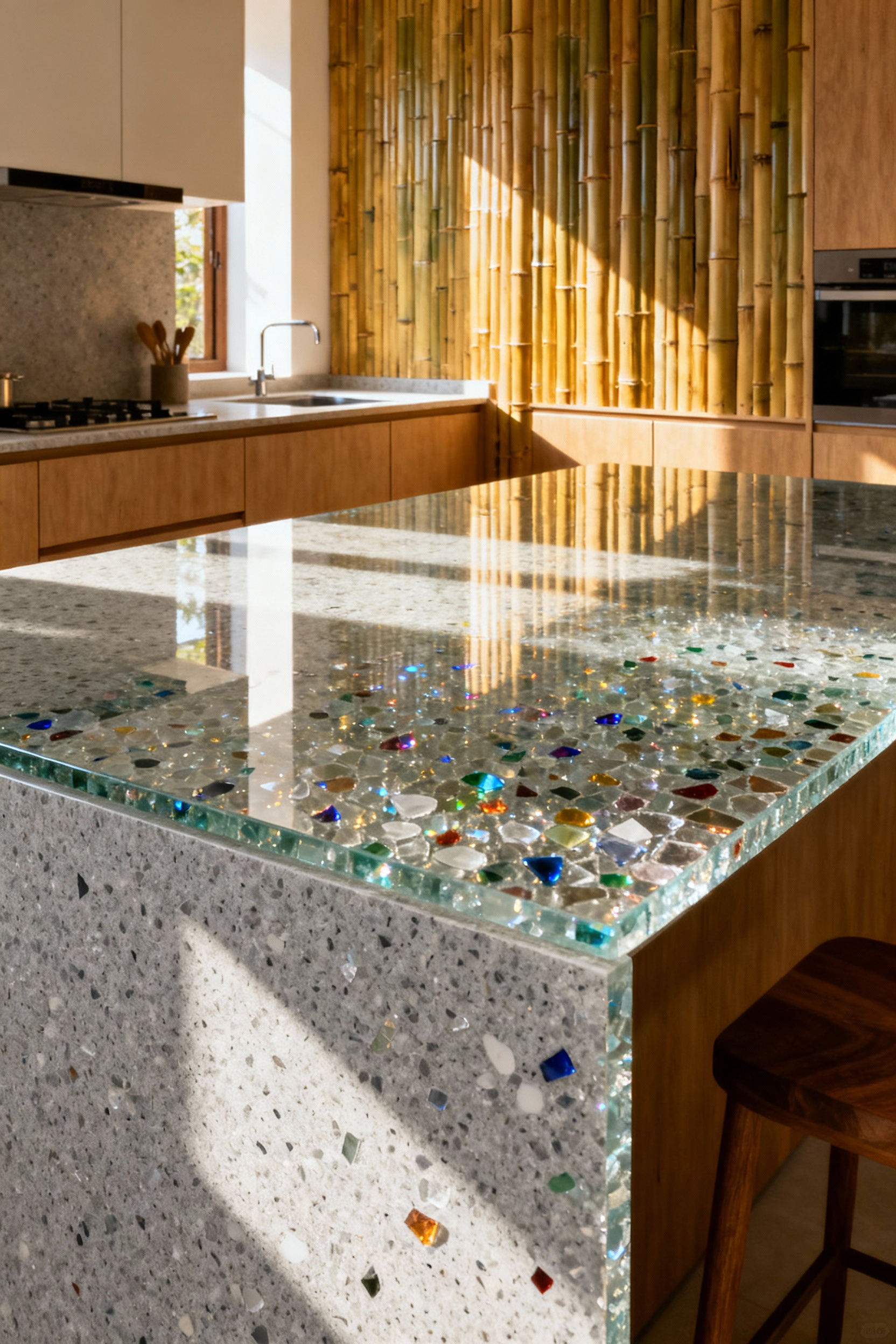 A wide view of a modern luxury kitchen featuring a sparkling recycled glass composite island countertop contrasted with sleek, warm vertical-grain bamboo cabinetry.