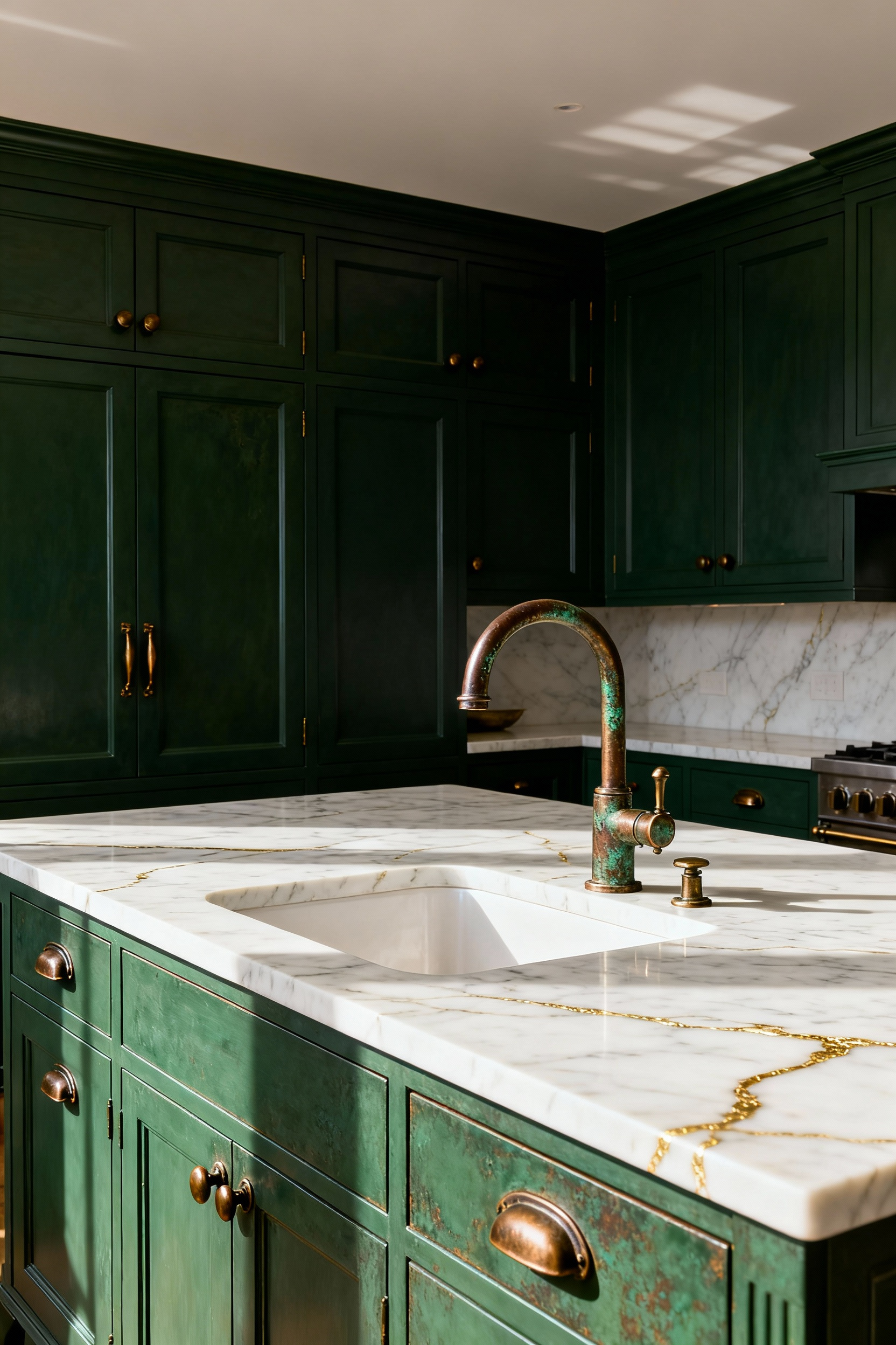 Luxurious transitional kitchen featuring deep forest green cabinets and white marble countertops, highlighted by an aged unlacquered brass bridge faucet and patinated bronze cabinet hardware, demonstrating a rich, established patina.