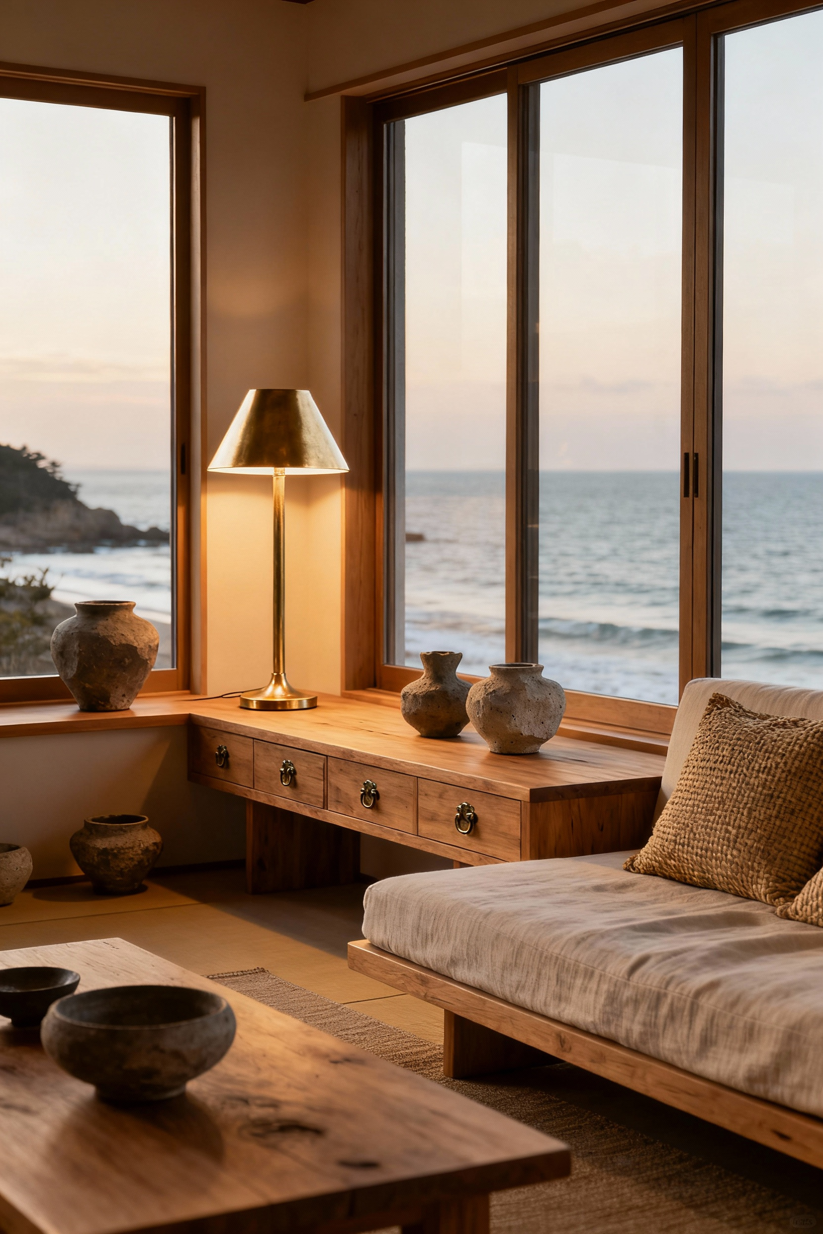 Coastal living room with a Japanese aesthetic, featuring brushed brass and antiqued pewter accents, natural wood furniture, linen textiles, and ceramic decor, all illuminated by soft, natural light.