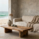 Wabi-sabi coastal living room interior with aged wood furniture, linen textiles, hand-thrown ceramics, soft natural light, and organic forms, embodying impermanence and natural beauty.