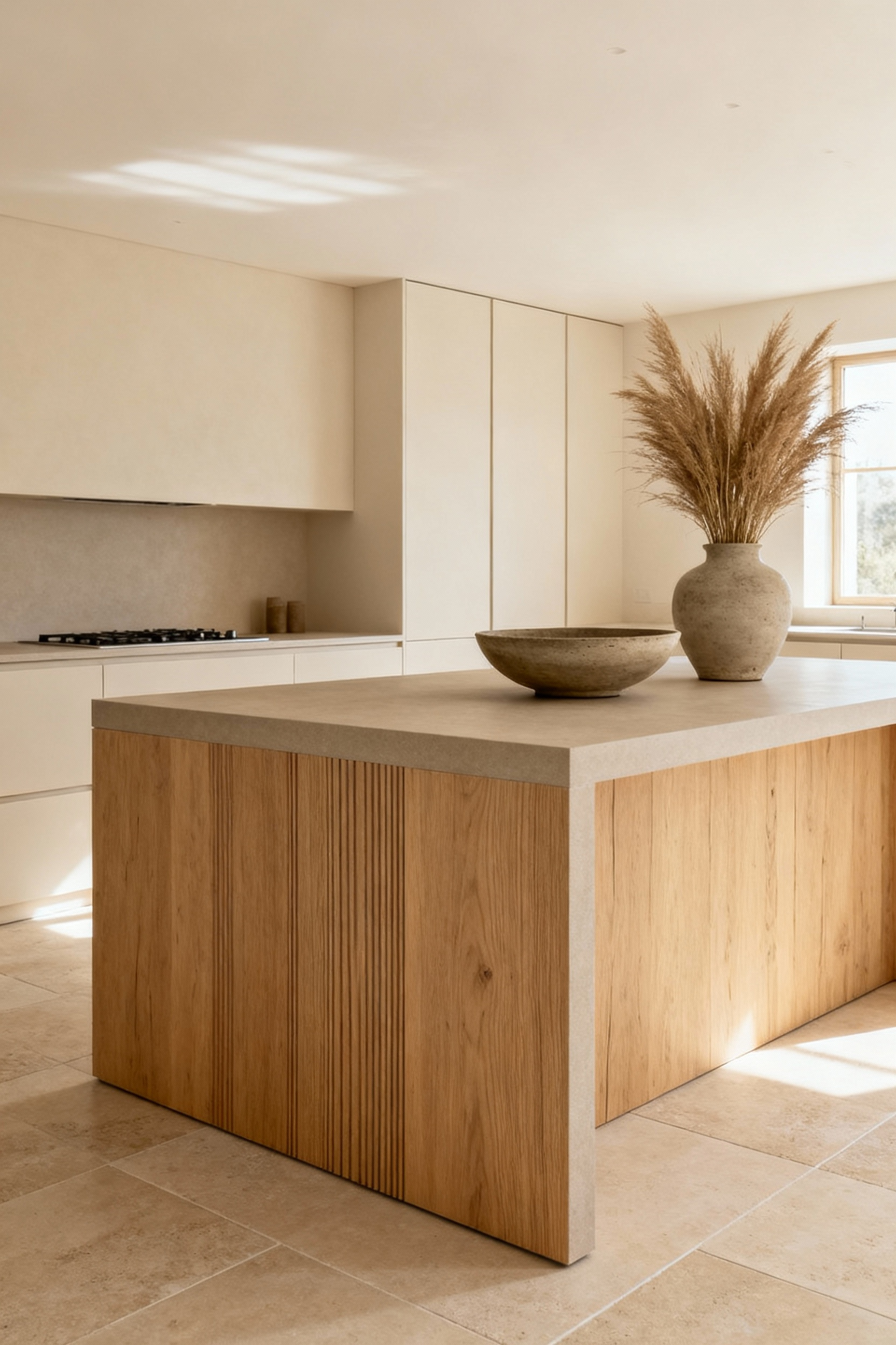 A warm minimalist kitchen featuring creamy off-white cabinetry and a large central island clad in rift-cut blonde oak wood, demonstrating a serene and grounded design aesthetic.