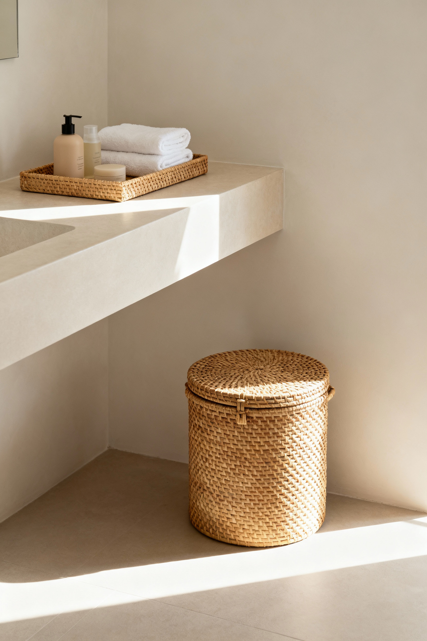 Minimalist bathroom with natural woven seagrass tray on vanity and rattan basket on floor for organized storage, highlighted by soft natural light.