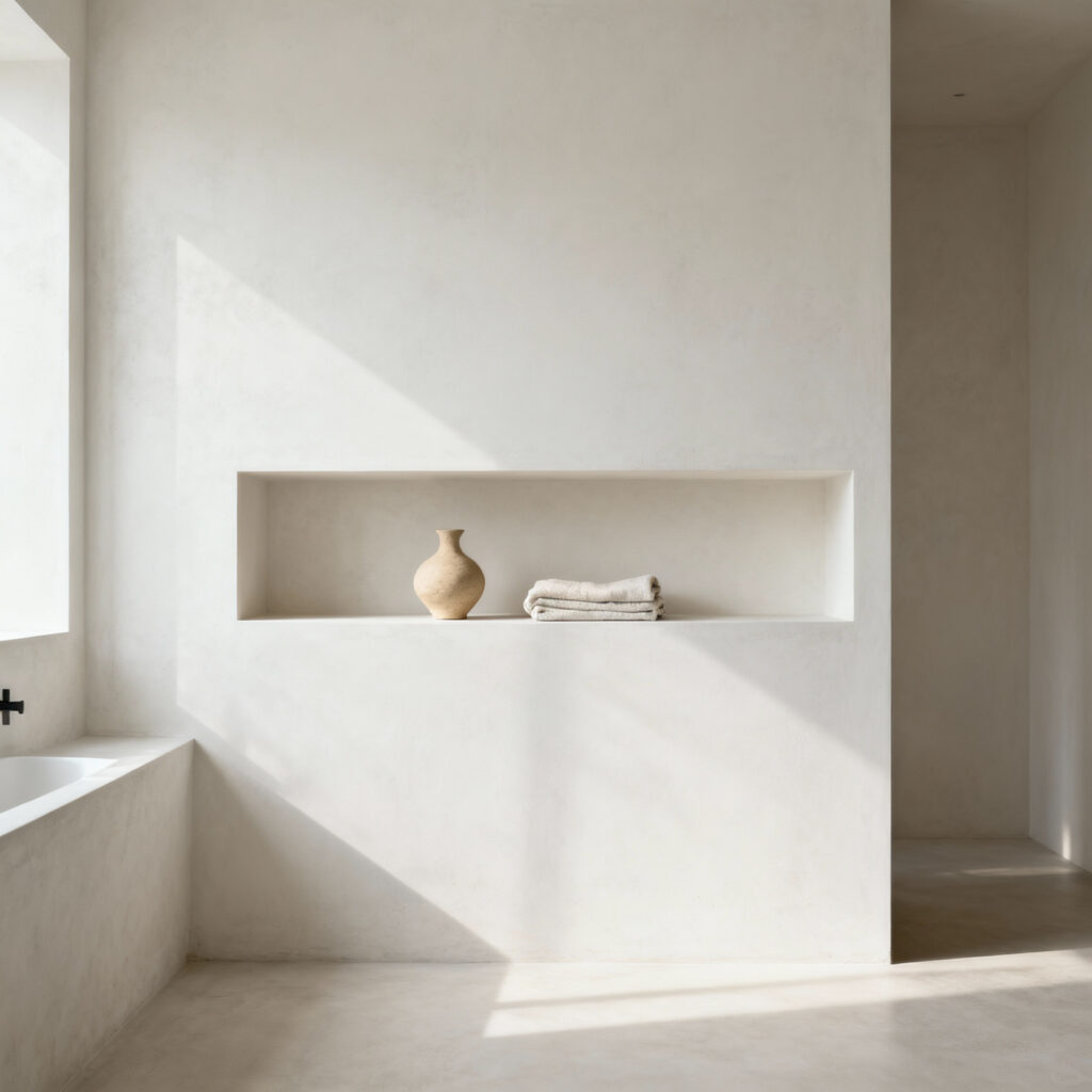 Minimalist bathroom interior featuring open shelving with significant negative space, a simple ceramic item, and natural light, illustrating Zen bathroom organization principles.