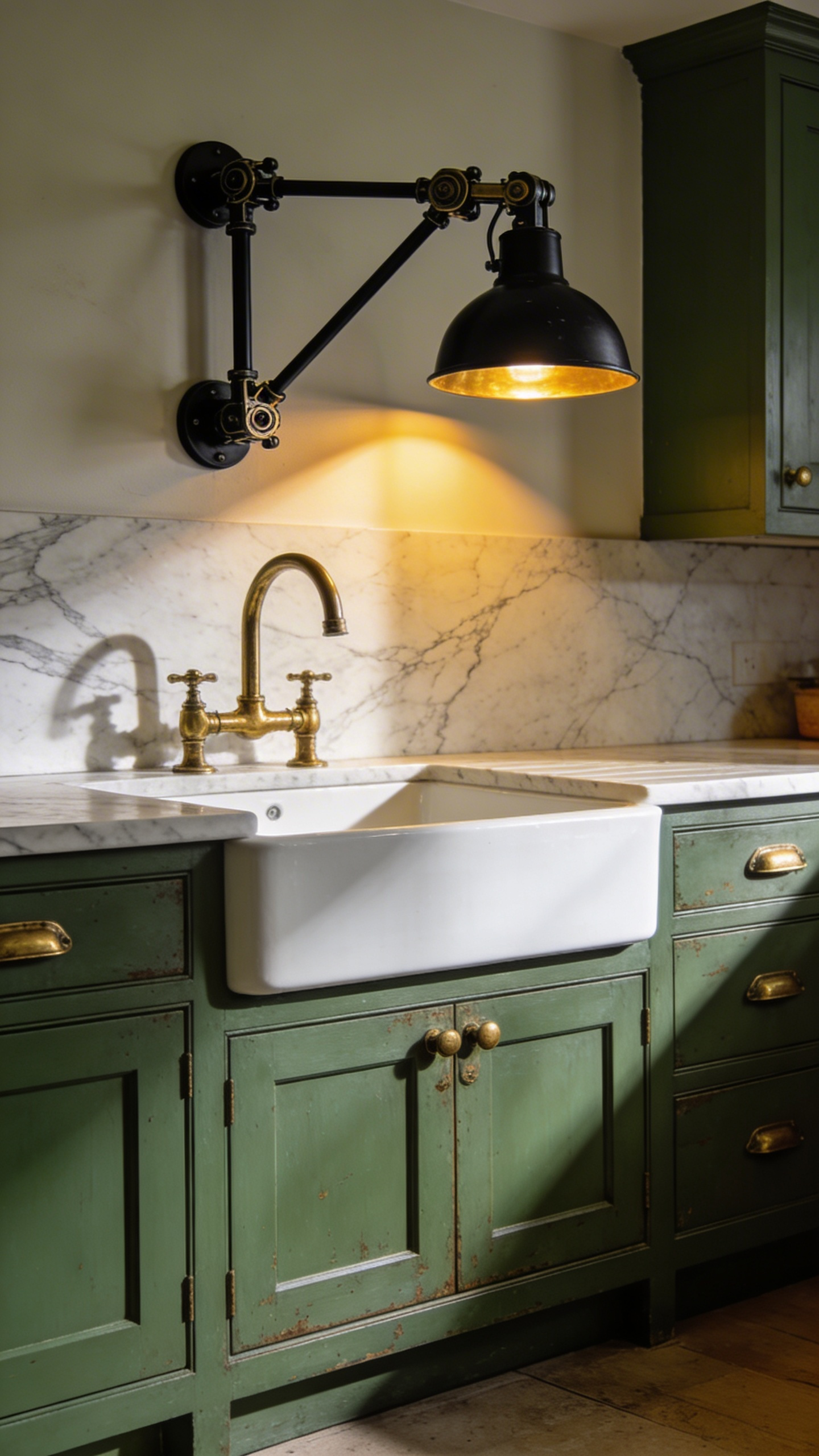 A black metal articulated industrial wall sconce positioned over a white farmhouse sink in a luxury kitchen scullery.