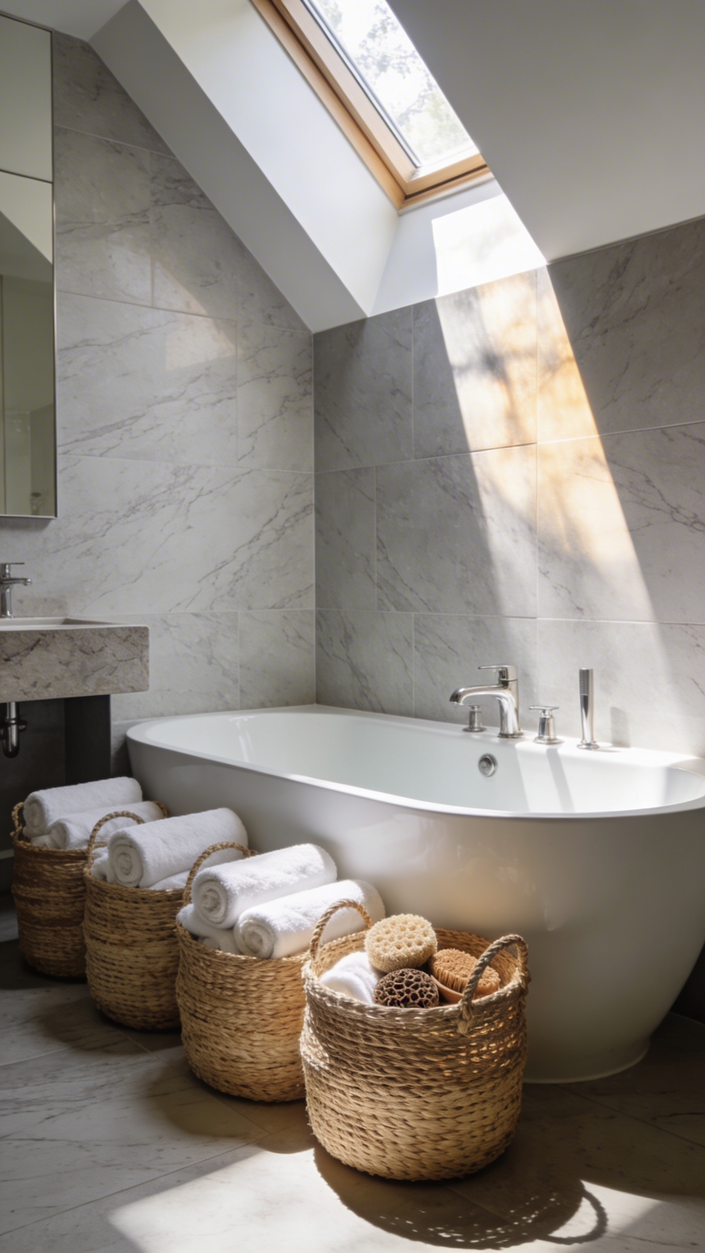 A luxury bathroom featuring a white porcelain bathtub and marble floors accented with hand-woven natural baskets for towel storage.